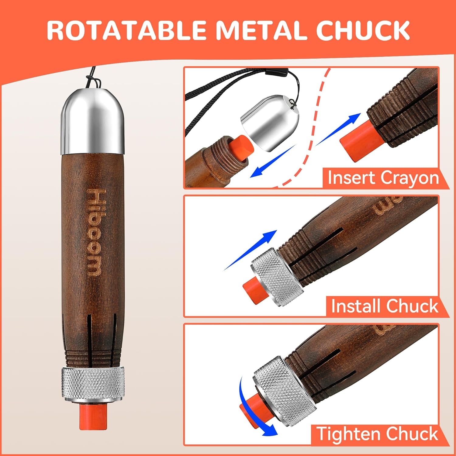 2 Pack Crayon Holder for 1/2'' round or Hexagonal Marking Crayons, Wood Lumber Crayon Holder with Metal Chuck, Metal Caps and Nylon Lanyard, Walnut Handle