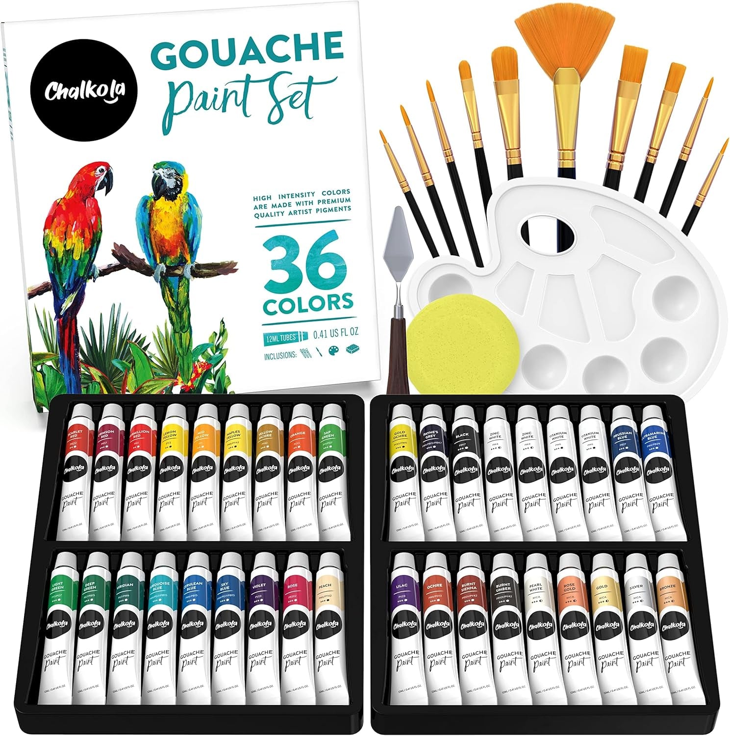 Gouache Paint Sets for Artists, Adults & Kids - 36 Gouche Tubes (0.4Oz, 12Ml), 10 Painting Brushes, Knife, Sponge & Palette - Guache Watercolor Paint in Classic, Pastel & Metallic Colors