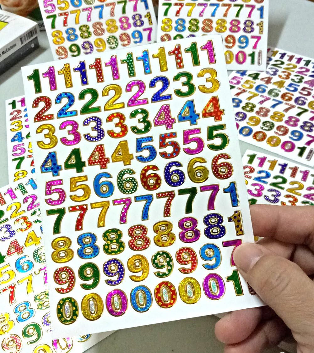Colorful 0-9 Number, 10 Sheets Self-Adhesive Glitter Metallic Foil Reflective Sticker Decorative Scrapbook for Kid, Birthday Party, Photo, Card, Envelope, Diary, Album. Each Number 0.5 Inches High
