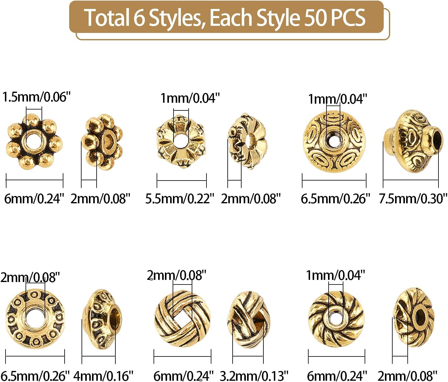 300Pcs Spacer Beads 6 Style Antique Golden Beads Tibetan Metal Jewelry Beads Loose Spacer Beads Flower Flat Rondelle Beads for Bracelet Necklace Jewelry Making Supplies (5.5-6.5Mm)