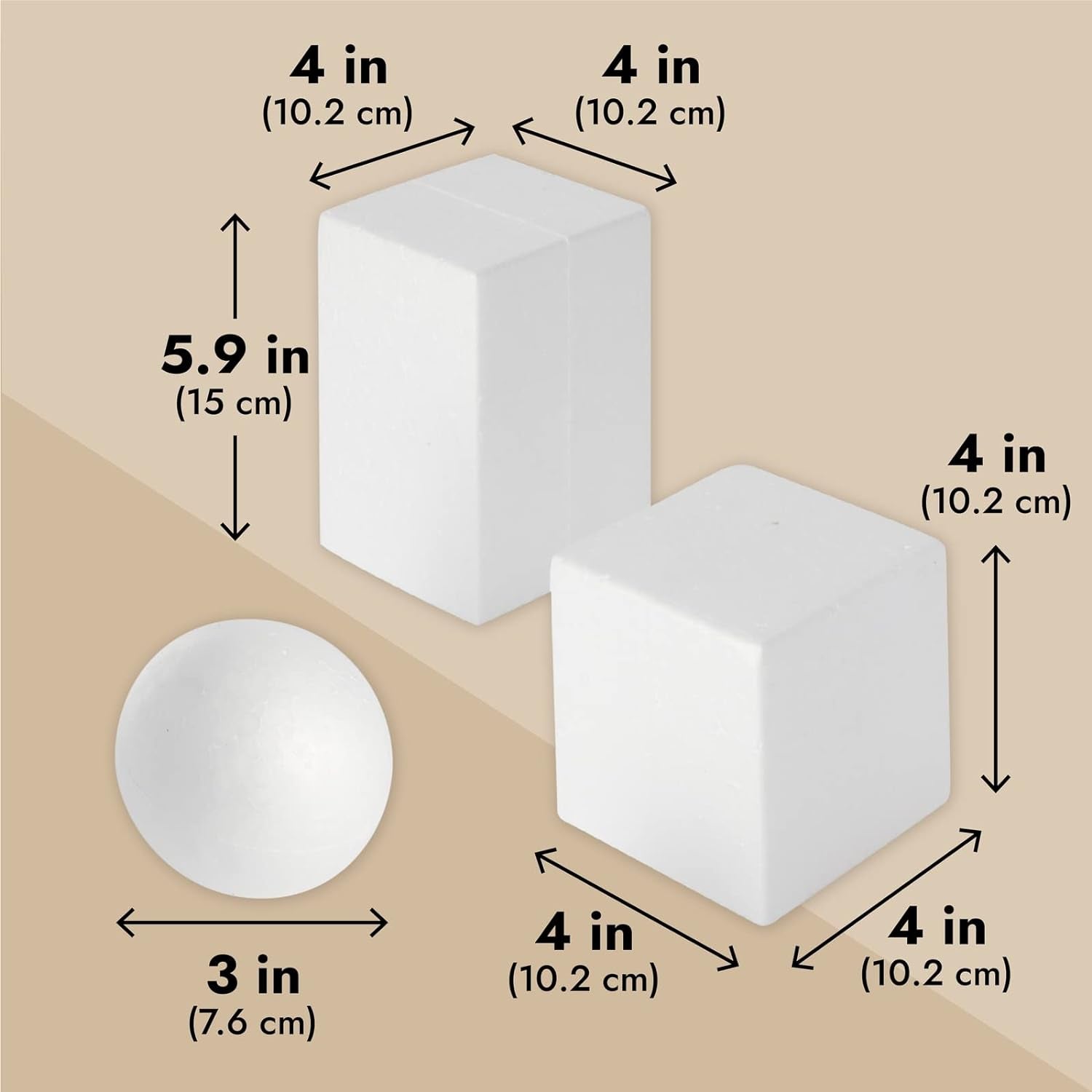 6-Pack Assorted Foam Geometric Shapes, Sizes Ranging from 2.5 to 5.9 in for Arts and Crafts Projects, DIY, Modeling, Home Decor, School Projects, Solid Polystyrene