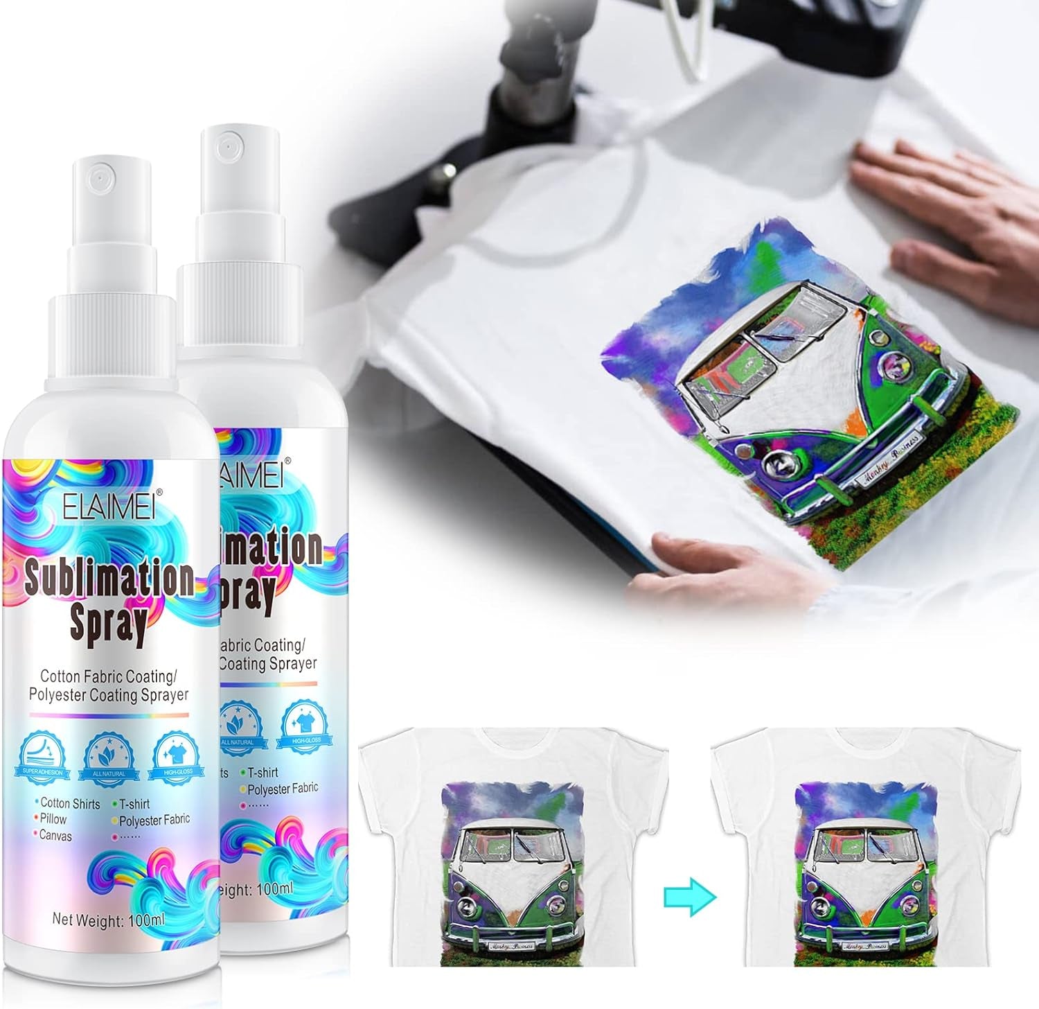 2X100Ml Sublimation Spray, Sublimation Coating Spray for All Fabric, Including 100% Cotton, Polyester, Carton, Tote Bag, Pillows, Mugs, Canvas, Quick Dry & Super Adhesion, High Gloss Vibrant Color