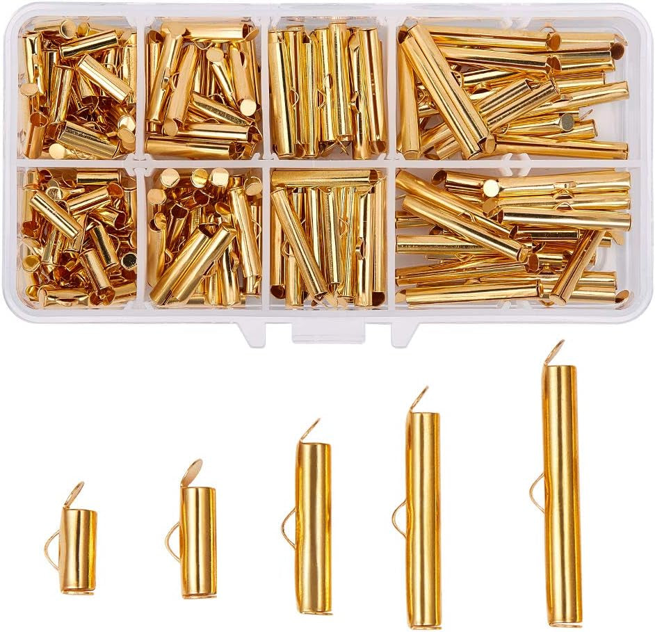 240Pcs Slide on End Clasp Tubes Slider End Caps Crimp End Tube Slider Clasp for Bead Loom Slide Tube End Bar for Multi-Strand Necklace Bracelet Jewelry Making Platinum Golden 10~40Mm