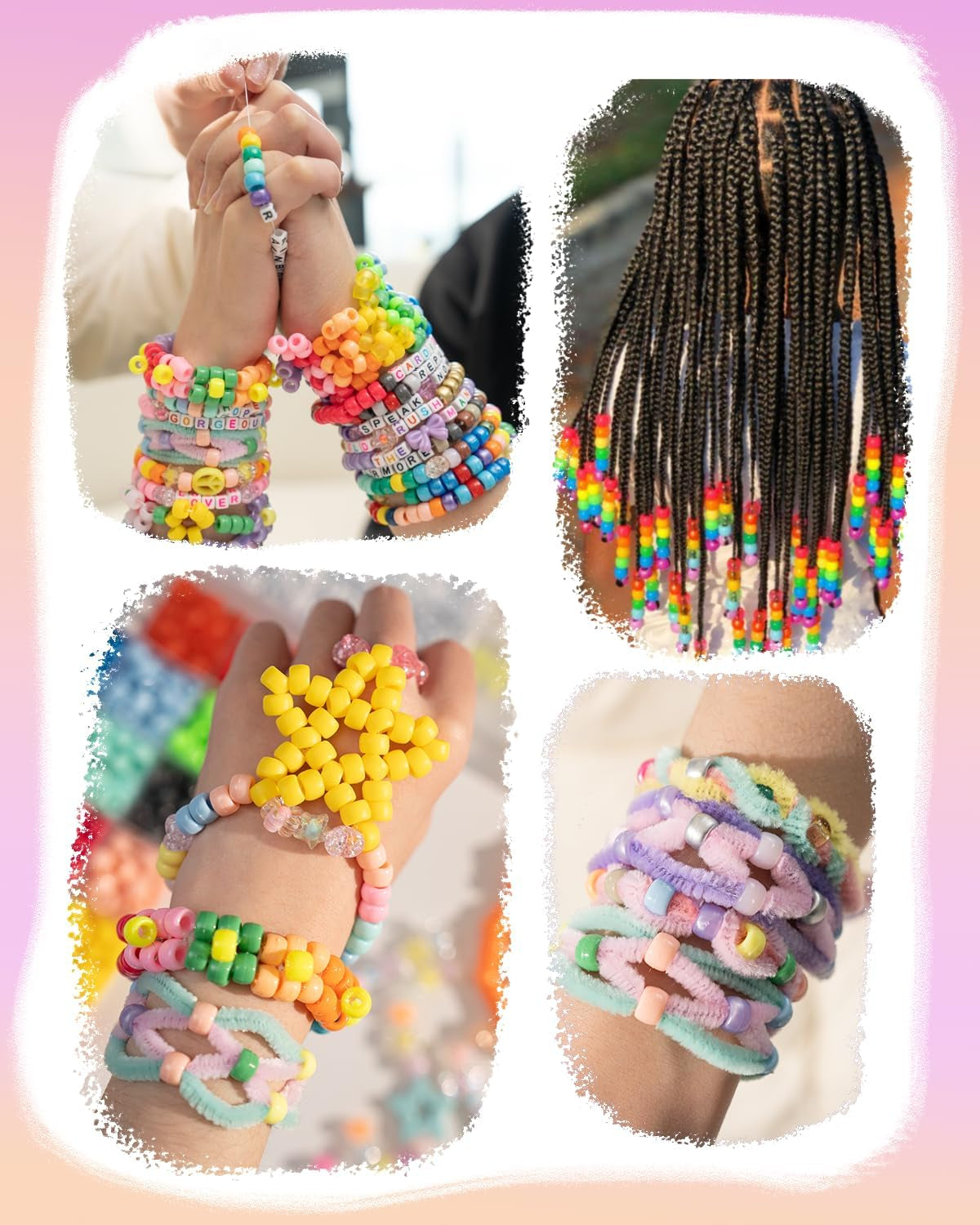 Kawaii Pony Beads Kit, Rainbow Kandi Beads and 1200Pcs Square Colorful Letter Beads, 32 Colors Plastic Craft Beads Bulk for Bracelets with 10 Beads Pipe Cleaners (Fashion Week)