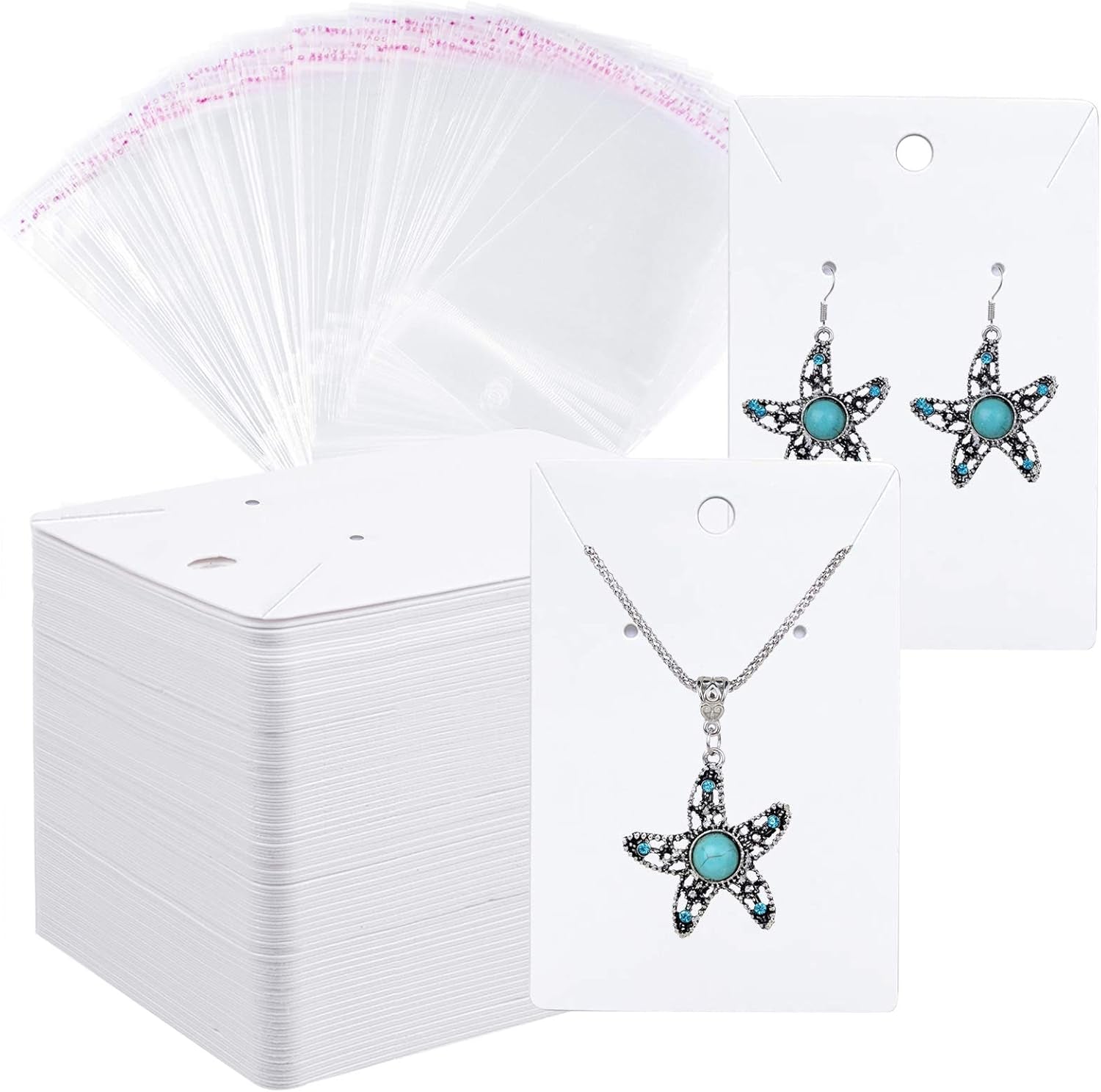 Earring Cards Necklace Display Cards with Bags,150 Pcs Earring Display Cards, 150 Pcs Self-Seal Bags, Kraft Paper Tags for DIY Ear Studs(White)