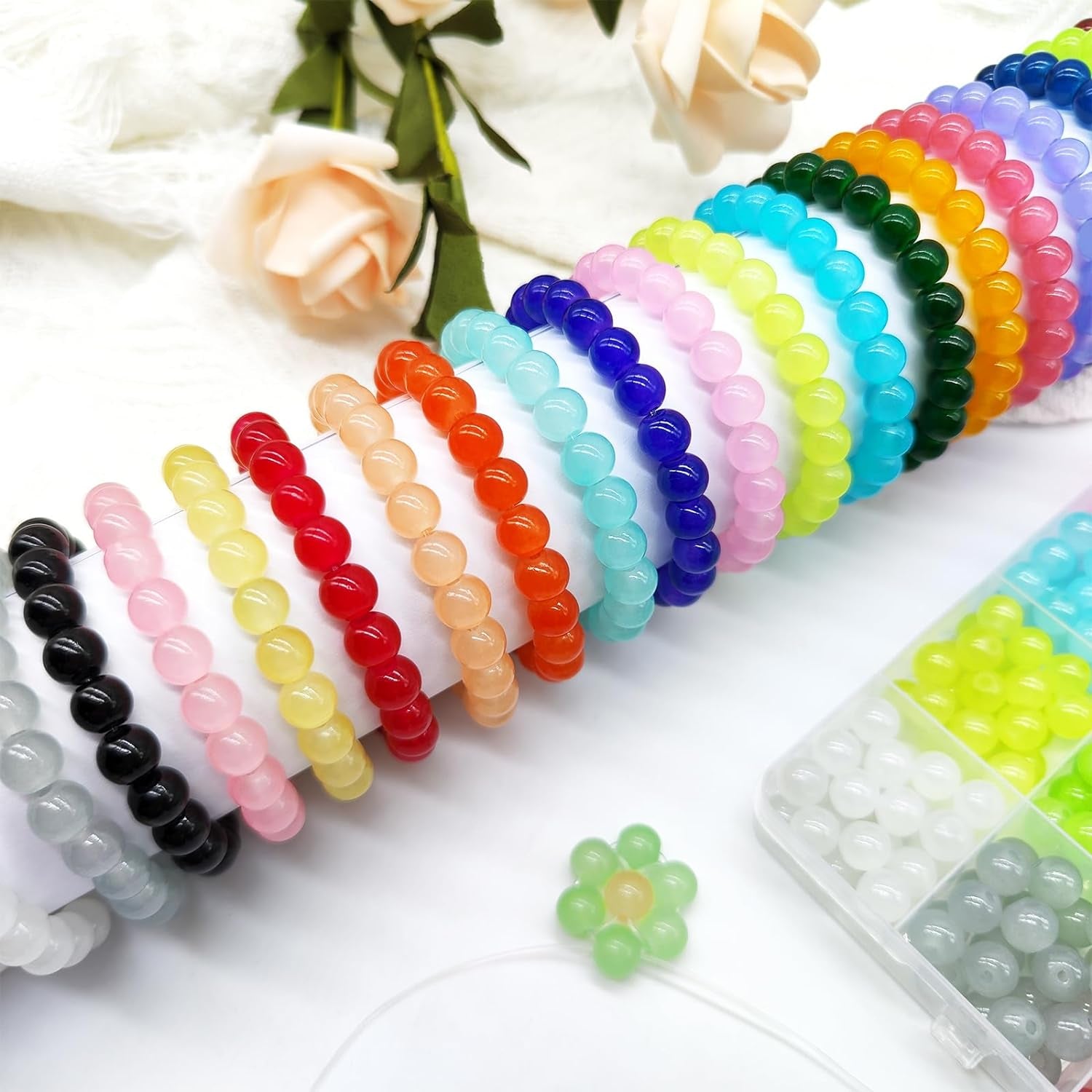 1200Pcs 8Mm Glass Beads for Bracelets Making, 24Colors Crystal Glass Beads Jewelry Making Kit, round Beads for DIY Bracelet Crafts