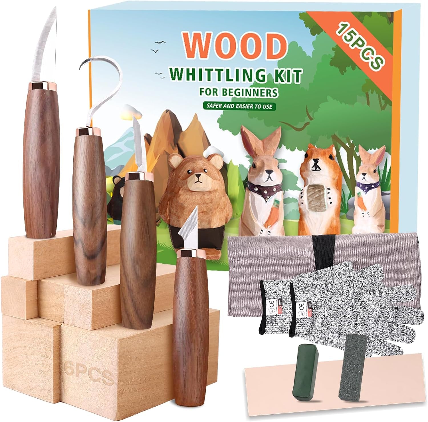 Wood Carving Tools Pack of 11- Includes Black Walnut Handle Wood Carving Knife,Whittling Knife,Hook Knife,Polishing Compound,Sharpening Stone,Cut Resistant Gloves,Wood Carving Kit for Beginners.