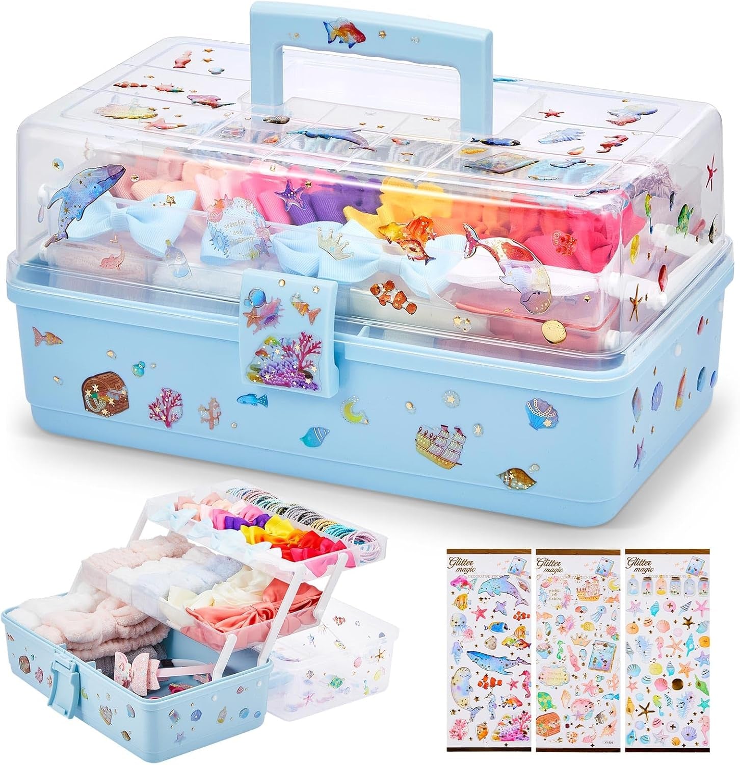 Hair Accessories Organizer 13 Inch Hair Accessories Storage Box with Fold Tray and Handle 3 Layers Plastic Tool Box Hair Accessories Organizer Box for Art Sewing Nail with Stickers (Blue)