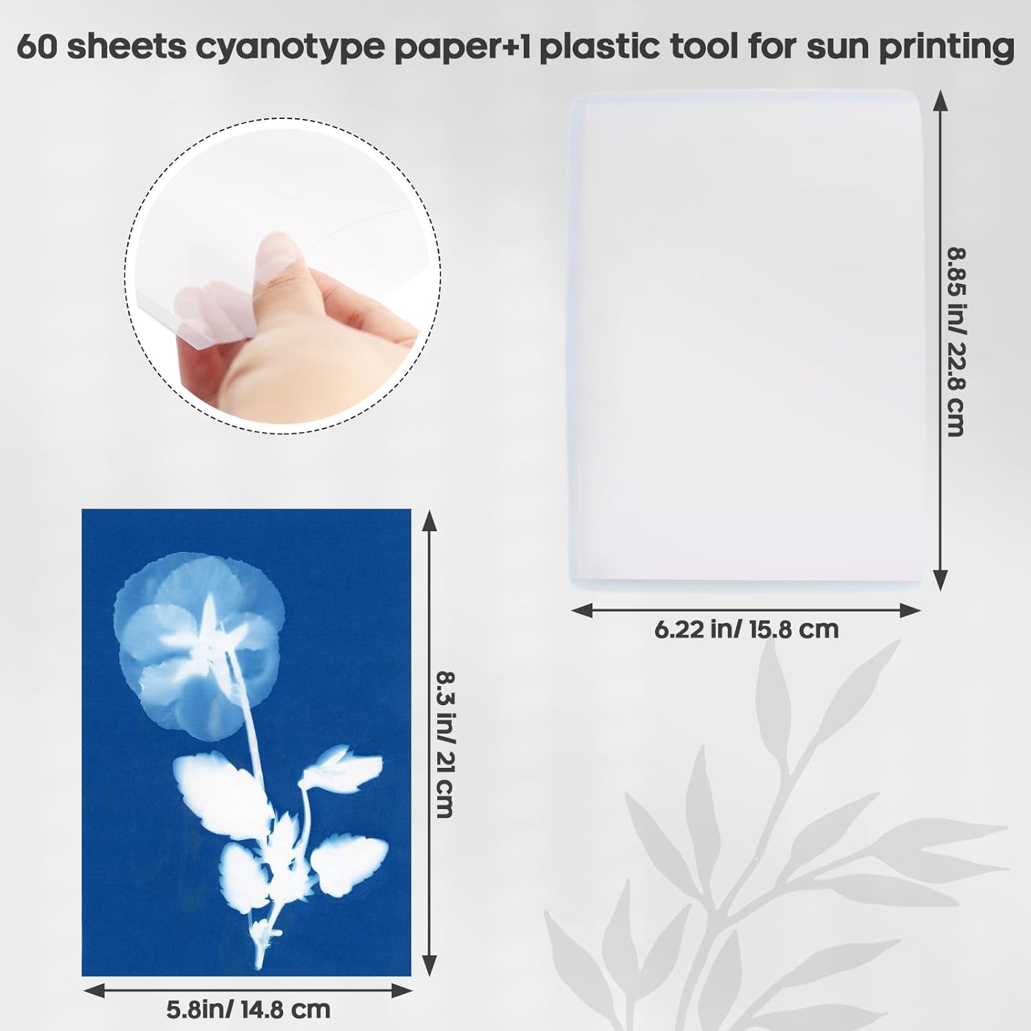 60 Sheets Sun Print Paper Cyanotype Paper Kit, A5 Sun Art Paper with 1 Plastic Tool for Sun Printing, Light Sensitive Solar Photography Paper for Kids DIY Crafts (5.8X 8.3 Inch)