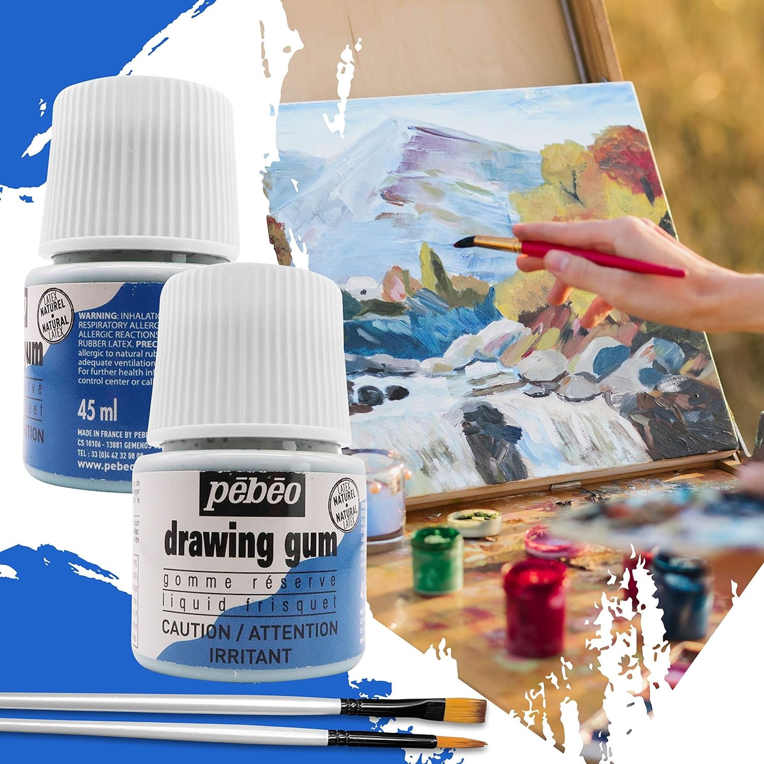 Pebeo Drawing Gum Made in France - Masking Fluid for Watercolor Painting and Various Art Projects - Bundled with  Applicator Brush Set