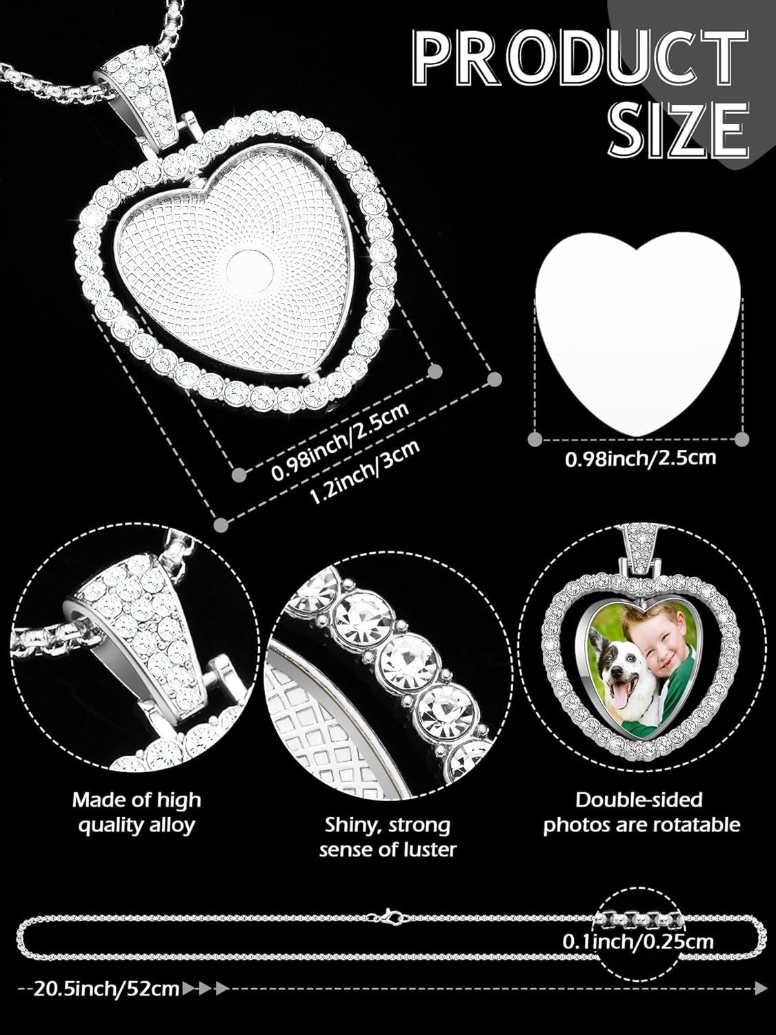 24 Pcs Sublimation Rhinestone Trays Pendant Set, Including 6 Double Sided Blank Rhinestone Bezel Trays, 6 Pcs Thick Chains with 12 Sublimation Discs for Making