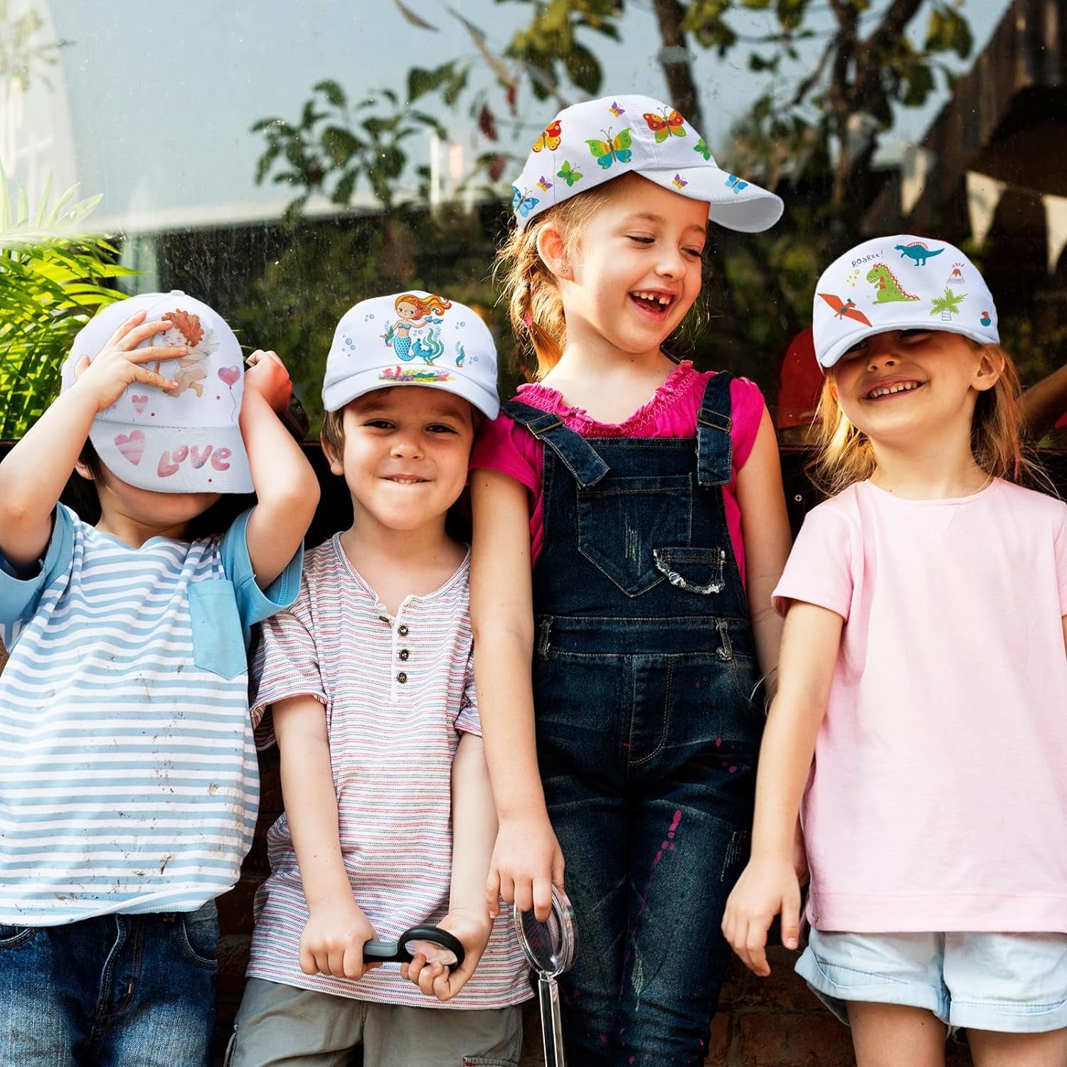 16 Pieces Halloween White DIY Hats with 24 Colors Fabric Markers Pen Bulk for Halloween Supplies