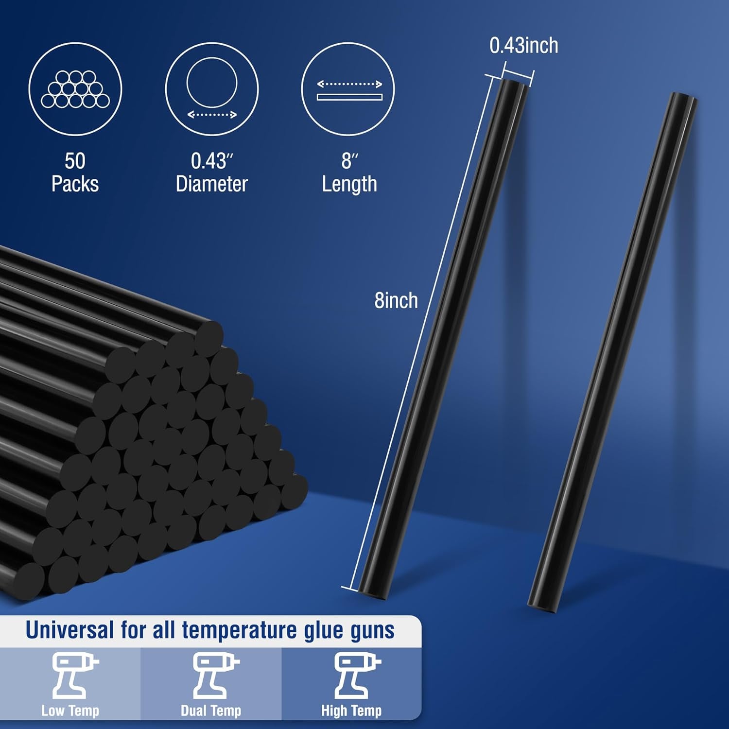 Hot Glue Sticks Full Size, 50-Pack Black Hot Melt Adhesive Glue Sticks for All-Temp Glue Guns, 0.43X8 Inches, Multipurpose for DIY Craft General Repairs, Home Decorations and Gluing Projects