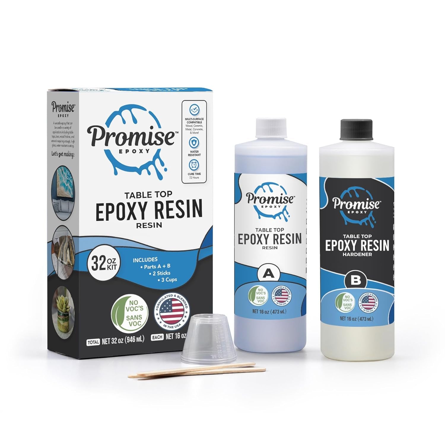 Table Top Epoxy Resin Kit That Self Levels, 32Oz High Gloss Craft Food Safe Epoxy Kit (16Oz Resin+16Oz Hardener) with Mixing Sticks and Cups, Best for DIY, Crafts, Beginners