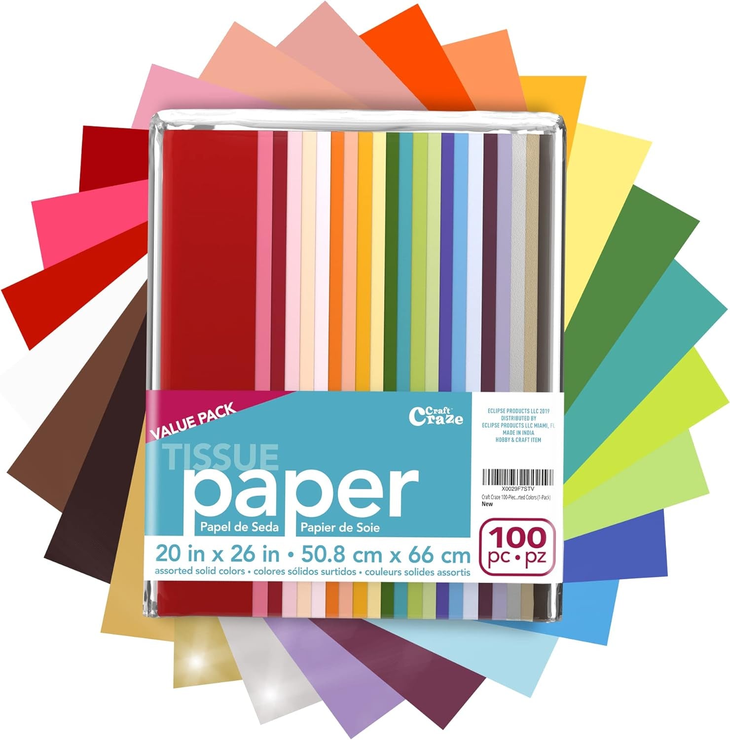 100 Sheets (20" X 26") 25 Assorted Colors Premium Quality Tissue Paper for Gift Wrapping, Arts & Crafts, Packing and Decorations (1-Pack)