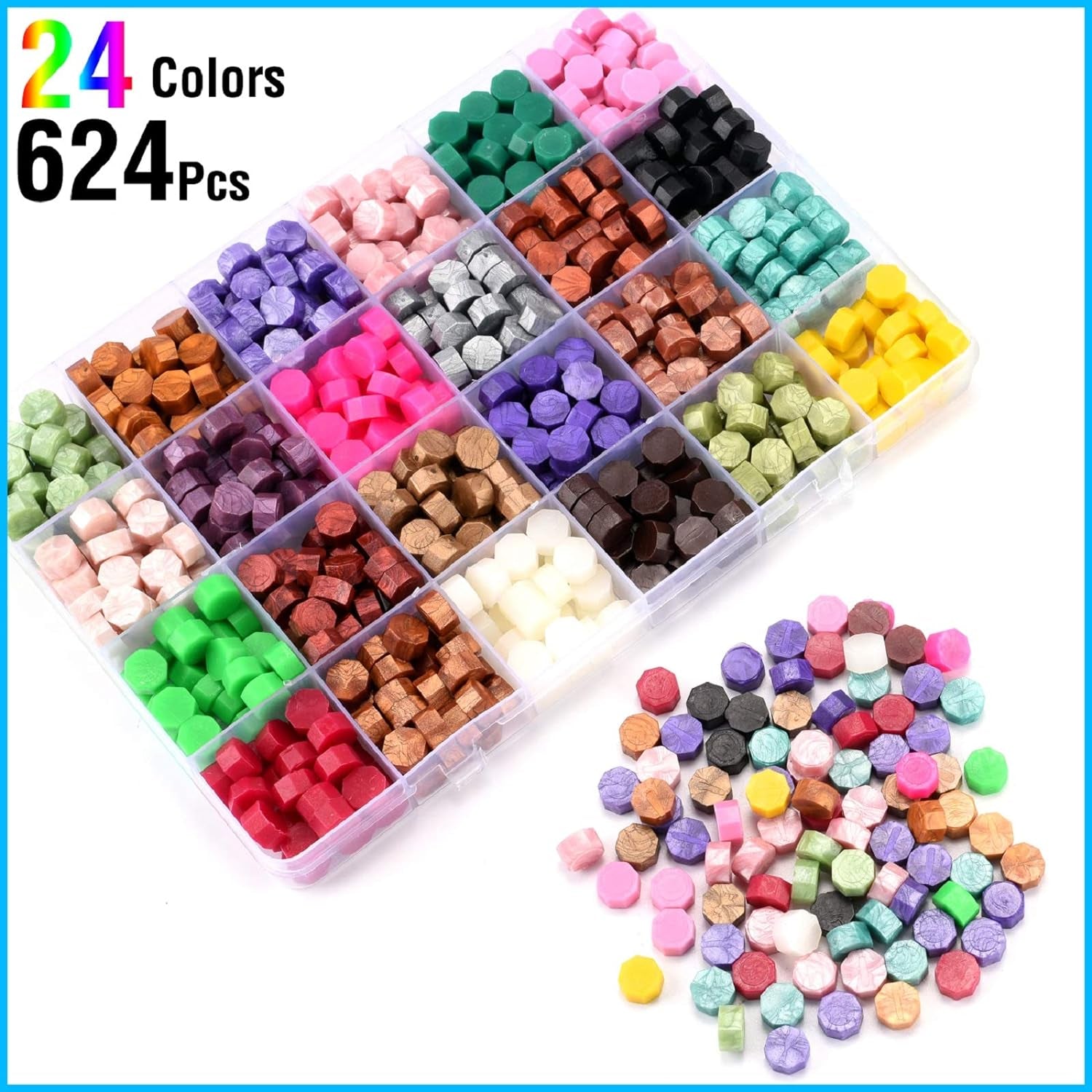 Wax Seal Stamp Kit with Gift Box, 24 Colors and 624 Pcs Wax Seal Beads with Wax Seal Stamp, Sealing Wax Warmer, Wax Seal Metallic Pen and Envelope, Wax Seal Kit for Gift and Decoration