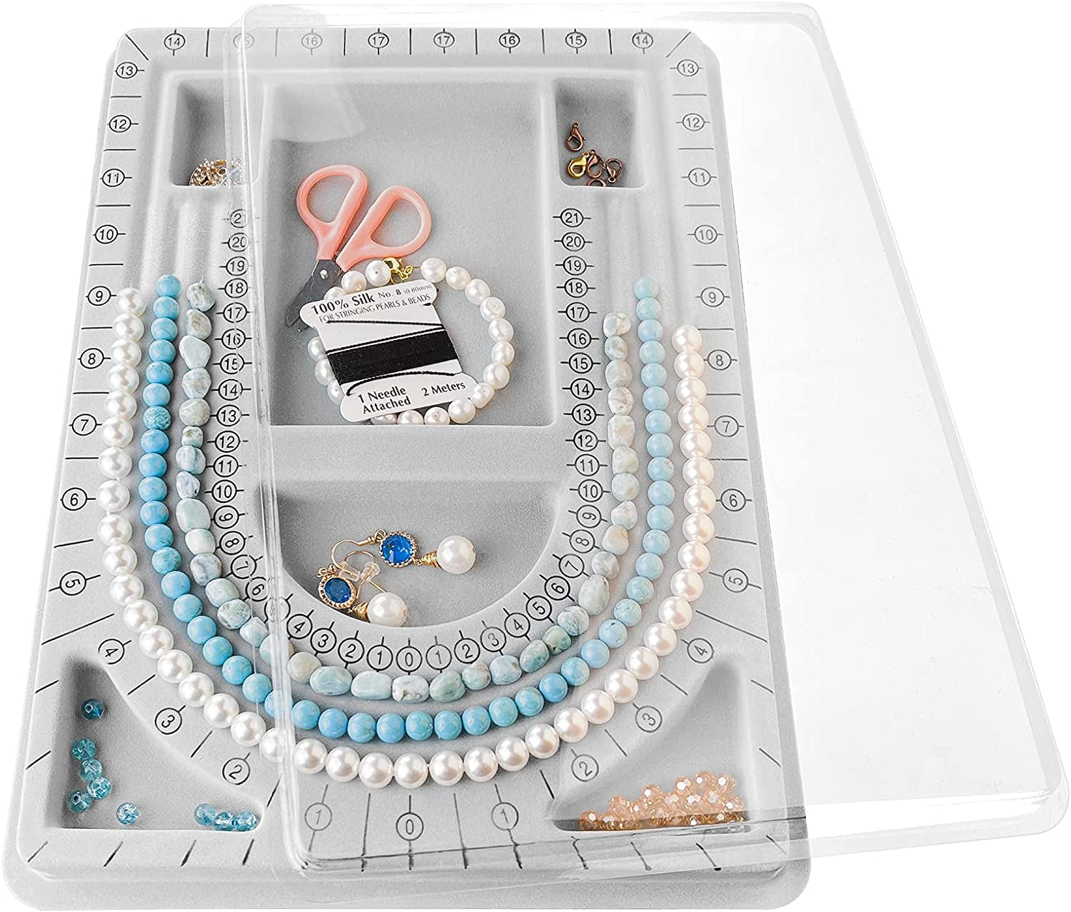 The Bead Board with Clear Cover,Grey Flocked,6 Recessed Compartments,3 U-Shaped Channels,Design Boards for Jewelry Bracelet Necklace Making DIY