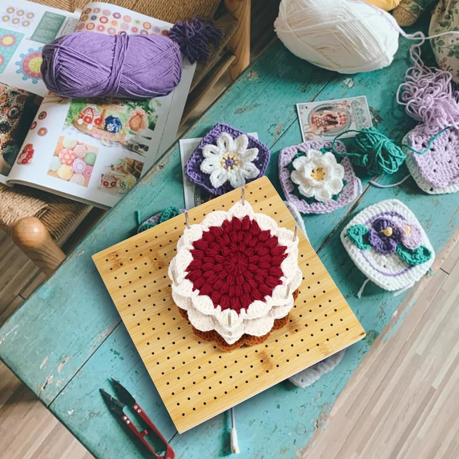 9 Inchs Crochet Blocking Board with 20 Pins, Handcrafted Knitting Blocking Mat for Knitting Crochet, Full Kit with 20 Stainless Steel Rod Pins, Gifts for Grandmothers, Mothers