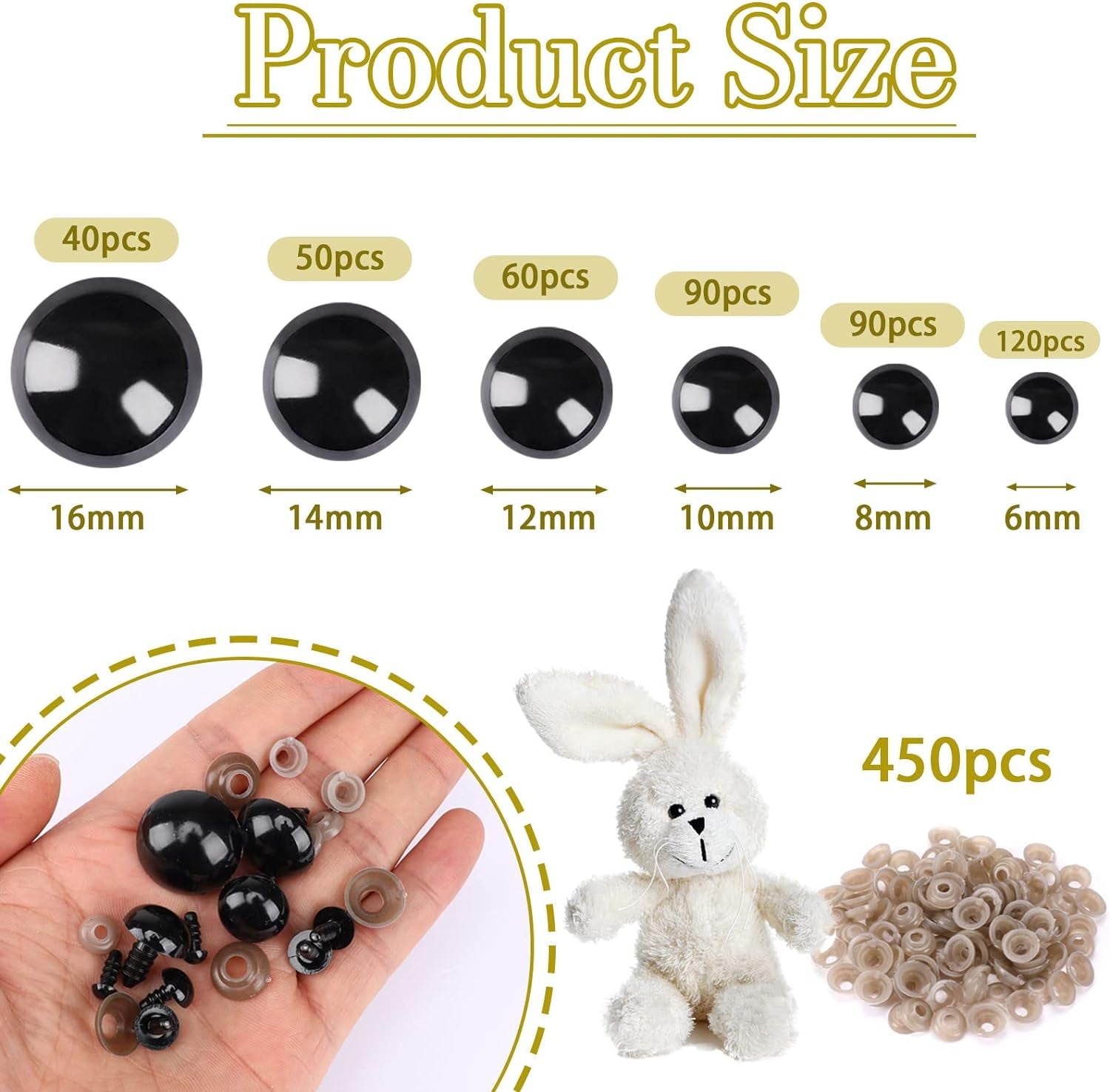 900 Pieces 6-16MM Black Plastic Safety Eyes with Washers for Crochet Animal Crafts Doll Making Supplier Bulk (6 Sizes)