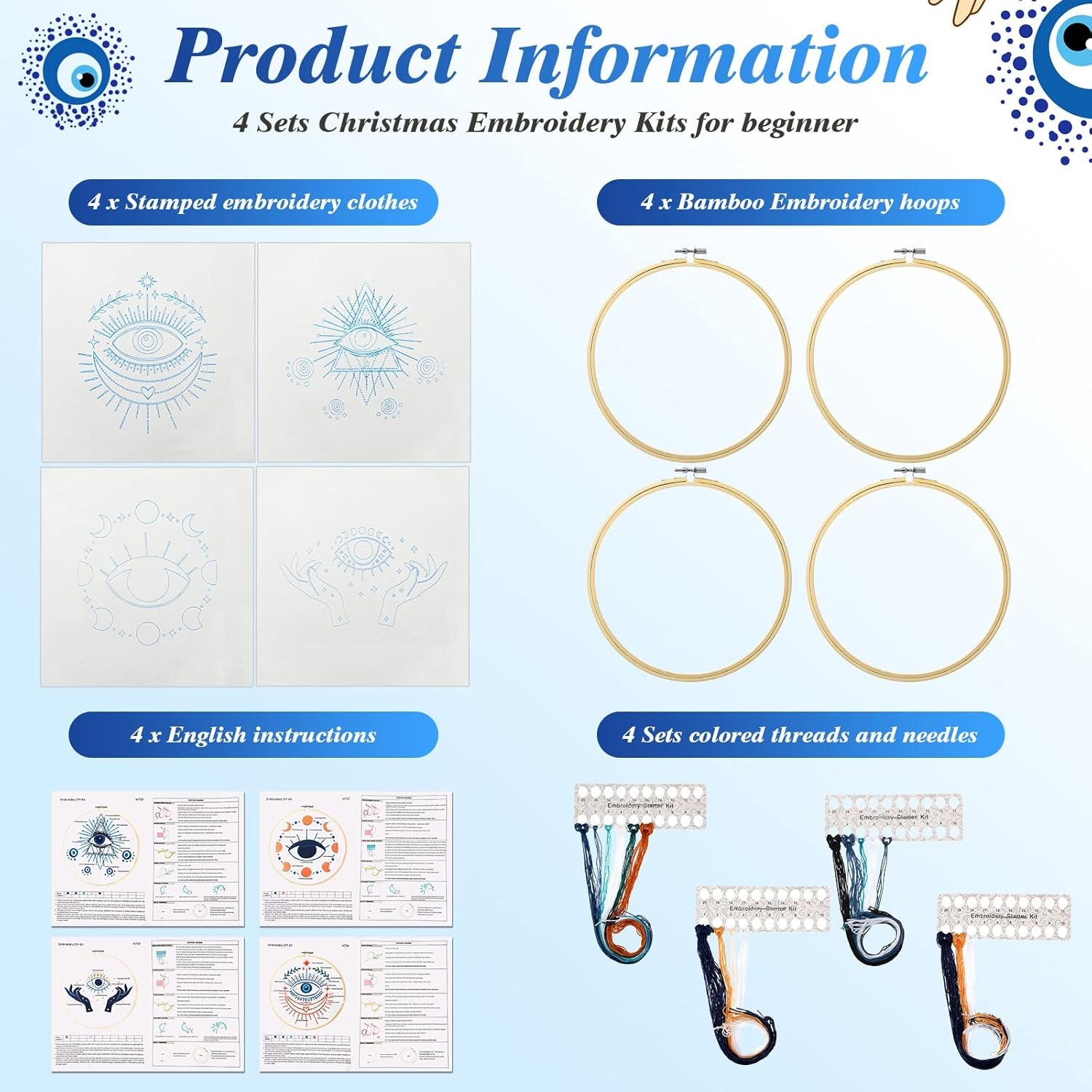 4 Set Embroidery Kits for Adults Beginner Evil Eye Cross Embroidery Kits with Patterns Instructions Embroidery Hoops Needles Colored Threads Needle Detector for Adult DIY