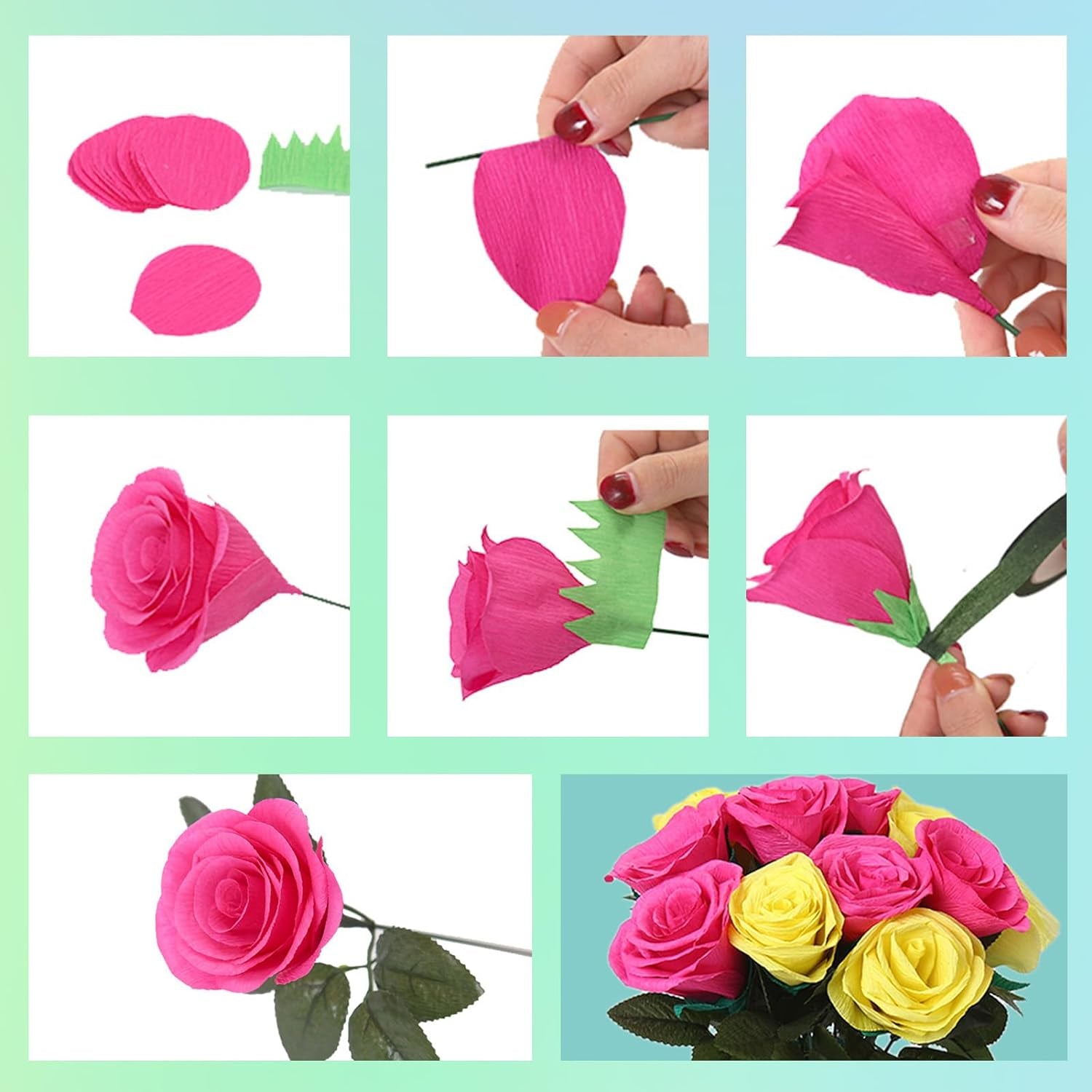 65Pcs Crepe Paper Flower DIY Kits, 14 Rolls Rainbow Colors Crepe Paper Rolls 8Ft Long 10 Inch Wide, 50 Pcs Green Floral Iron Wire and 1 Roll Green Tape for Birthday Party Wedding Festival Ornament