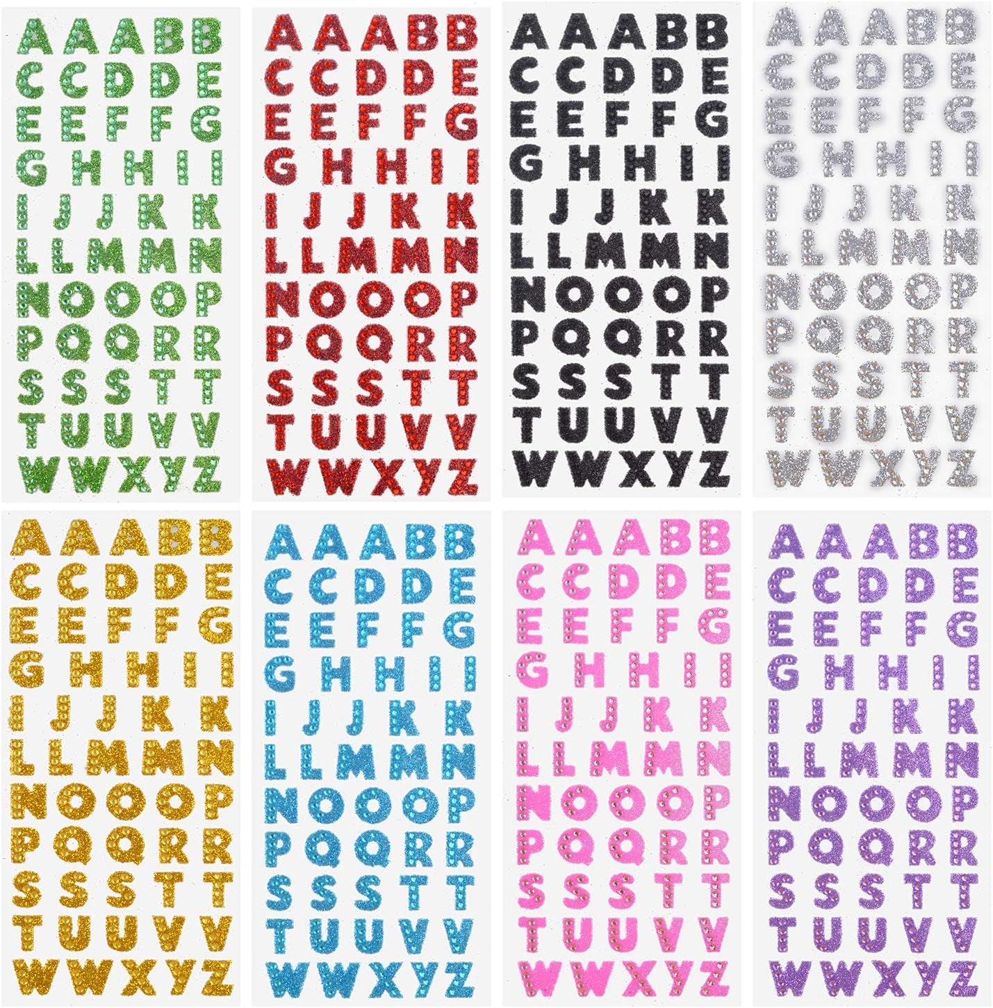 Self Adhesive Glitter Alphabet Stickers, 8 Sheets Glitter Crystal Rhinestones Alphabet Letter Stickers a to Z Letter for Grad Cap and Handicraft Art - 8 Colors