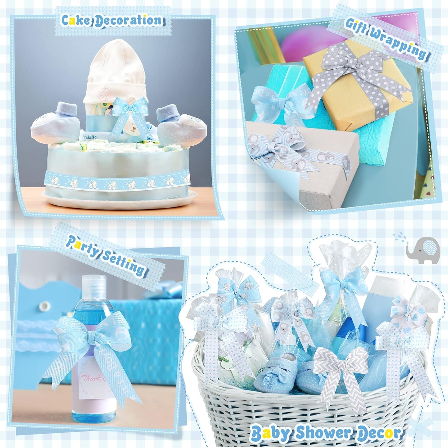 8 Roll Baby Elephant Grosgrain Ribbon 7/8 Inch Baby Shower Craft Ribbon It'S a Boy/Girl Foot Print Ribbon for Gift Wrapping Baby Shower Gender Reveal Party Diaper Cake Decor, 40 Yard Total (Blue)