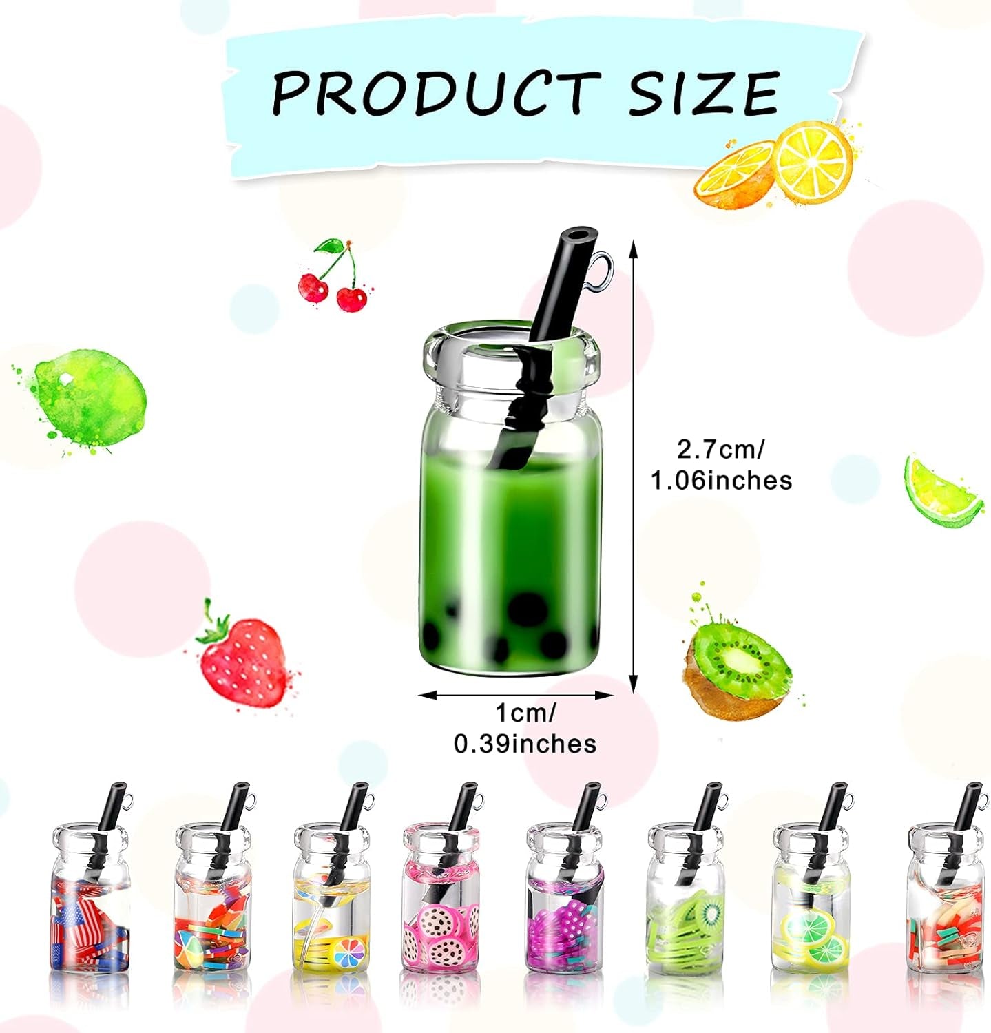104 Pcs Milk Tea Charm Boba Charms Mini Colorful Bottle Charms Fruit Juice Pendant for DIY Jewelry Craft Earring Keychain