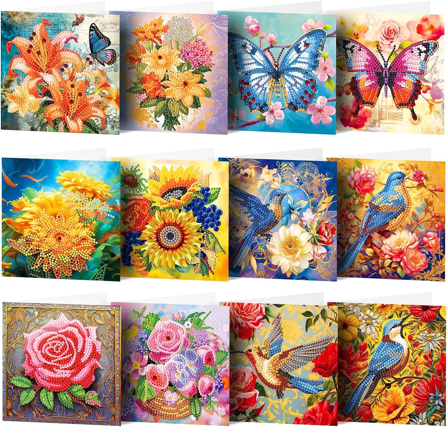 12 Packs Flower Butterfly Diamond Painting Greeting Card Kit Bird Diamond Art Greeting Cards Special Shaped Diamond Painting Greeting Card Arts Crafts for Birthday Thanksgiving Day