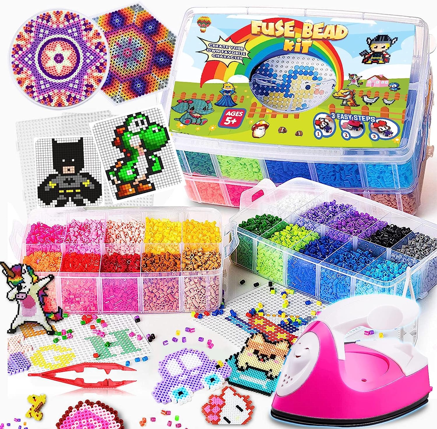 Board Fuse Beads Iron Set - Fuse Beads Set for Kids Crafts with Bead Pegboard and Aqua Pony Beads, Pixel Art and Craft Bead Kit (Large Set with Iron)