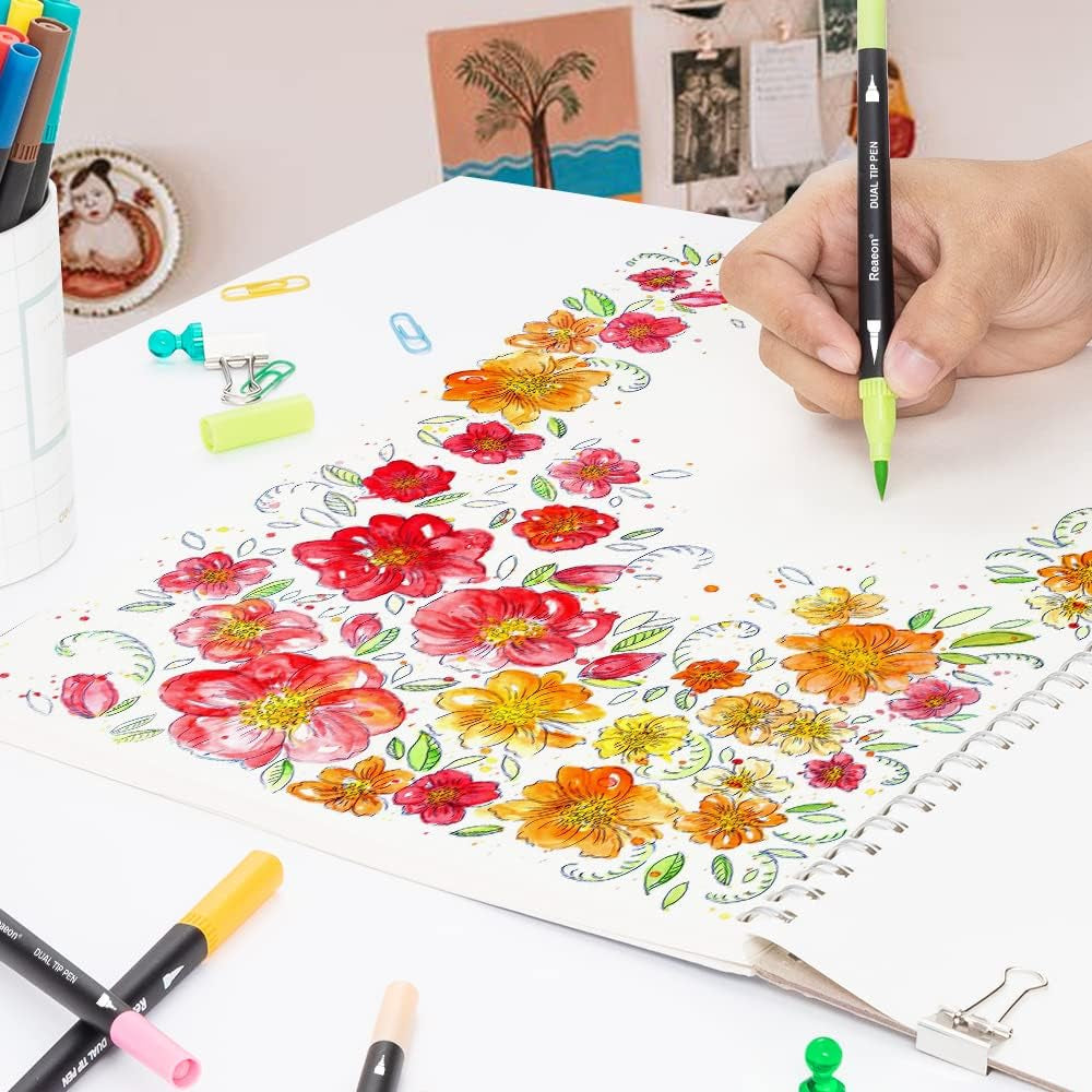 Coloring Markers Pen, Dual Brush Tip Marker for Adult Coloring, 34 Color Calligraphy Fine Tip Pen for Beginner Journal Planner, Drawing, Doodle