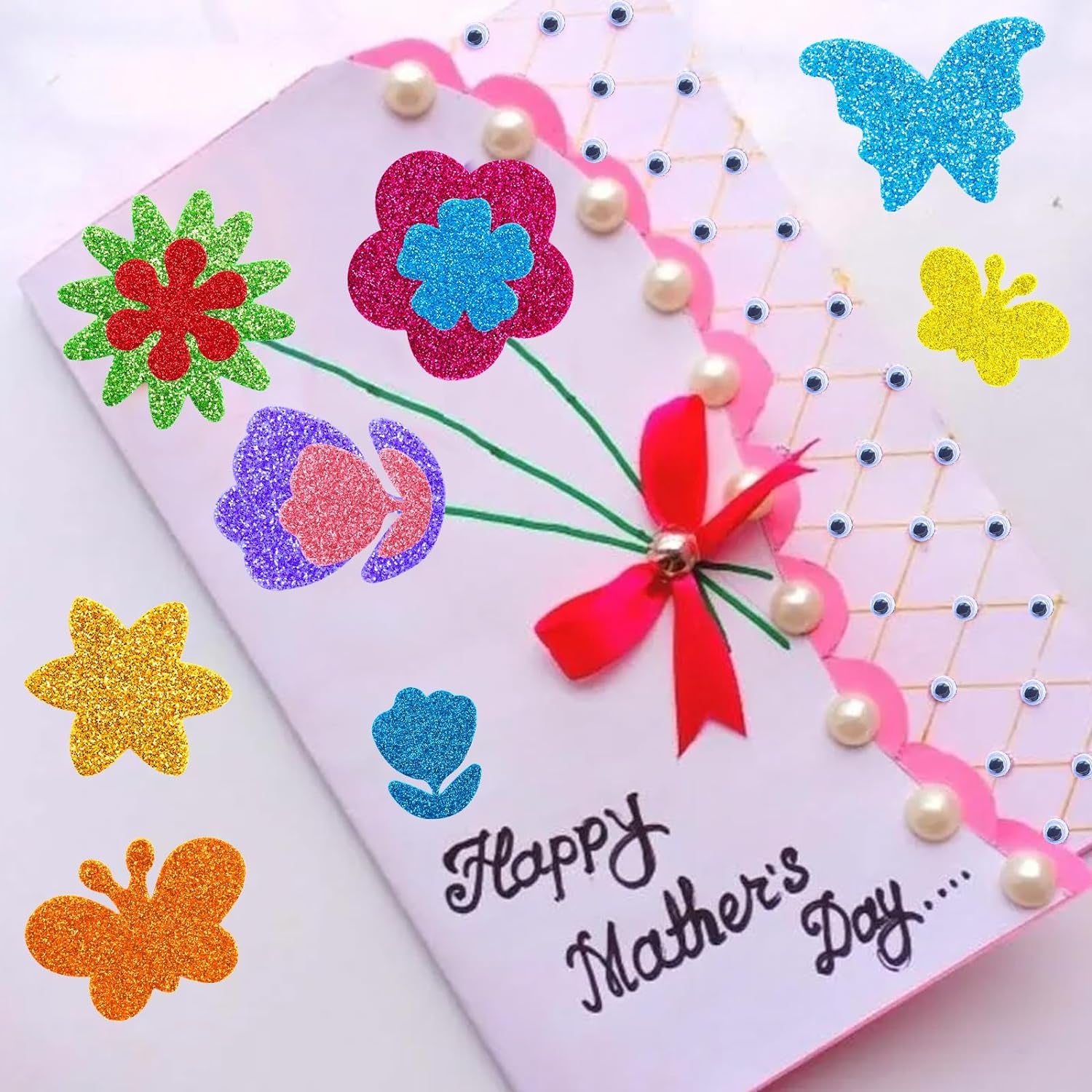 330Pcs Glitter Flower Stickers 10 Colors Foam Flower Stickers and Butterfly Stickers with 200 Self-Adhesive Eyes Kid Preschool Activity DIY Arts Craft Supplies for Greeting Cards Decoration