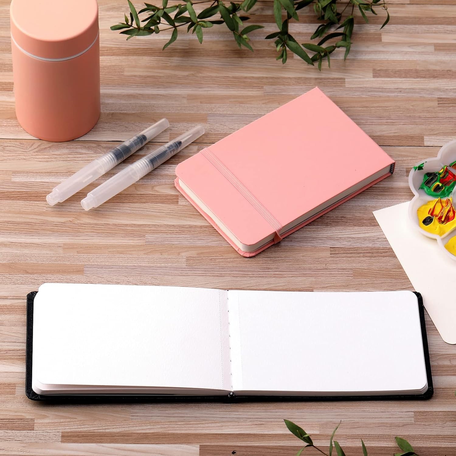 2 Pcs Watercolor Paper Sketchbook with 3 Pcs Watercolor Brush Pens, Small Portable Sketchbook Watercolor Journal Pocket Watercolor Notebook Travel for Painters Art Supplies (5.5 X 3.7 Inch)