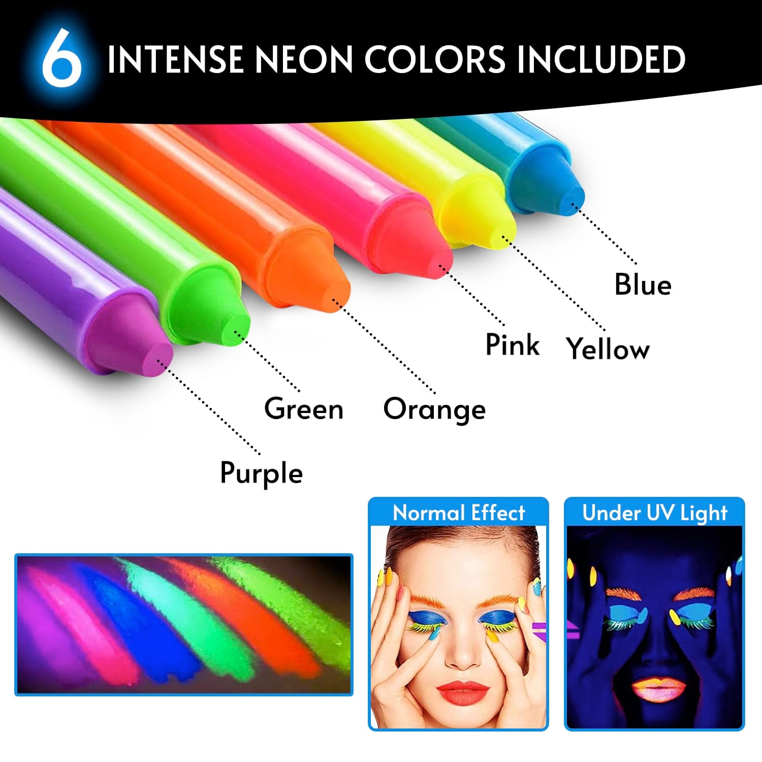 Blacklight Reactive Crayons | Glow in the Dark Paint for Face and Body | Intense Luminous Sticks for Fluorescent Parties | Colorful UV Makeup Neon Gift | Glow Markers Accessories - 12 Pcs