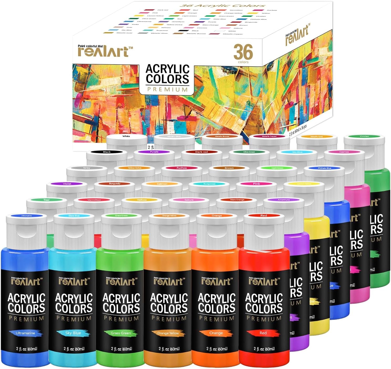 Bulk Acrylic Paint 24 Colors (2Oz/Bottle) with 10 Brushes Gloss Acrylic Paint Set Acrylic Paints for Canvas Painting Craft Paint Set for Kids Art Paint Christmas Gifts for Kids