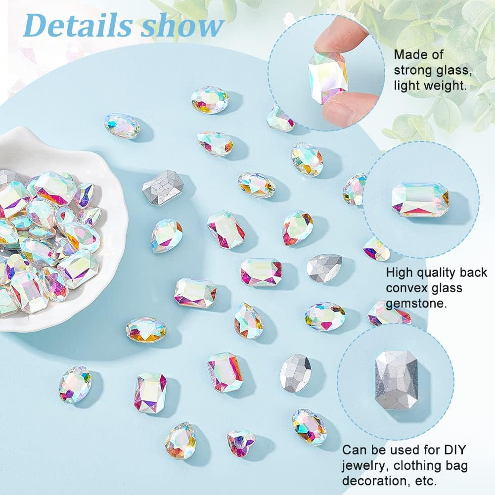 64 Pcs 4 Shapes Pointed Back Rhinestone Glass Rhinestones Gems AB Color Rectangle/Teardrop/Heart/Oval Jewels Embelishments with Silver Plated Back Crystals Rhinestones for Jewelry Making