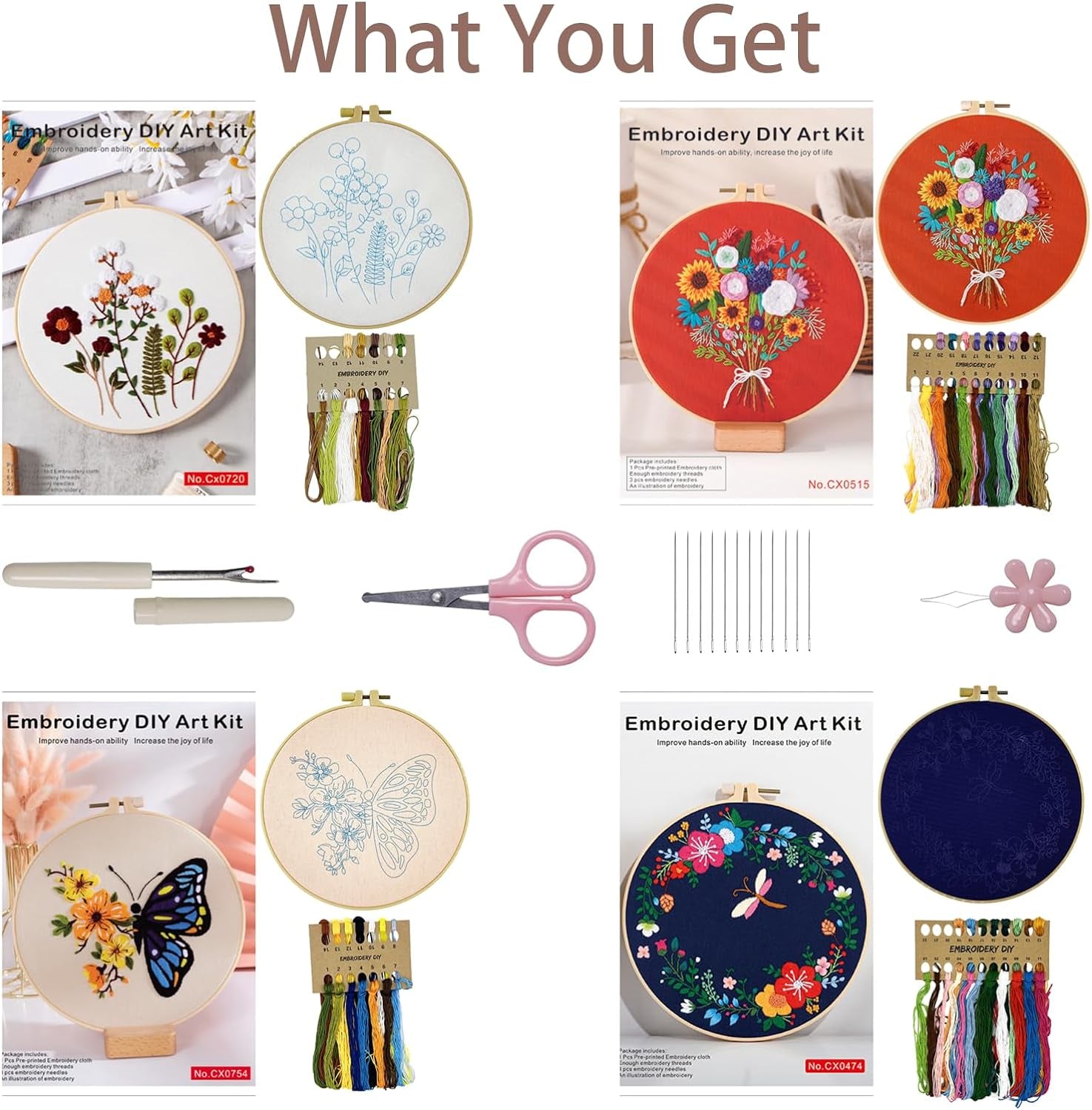 Embroidery Kit for Adults Beginners, 4 Pack Cross Stitch Kits Include Cloth with Floral and Butterfly Patterns, 4 Embroidery Hoops, Color Threads and Instructions for Sewing Beginners