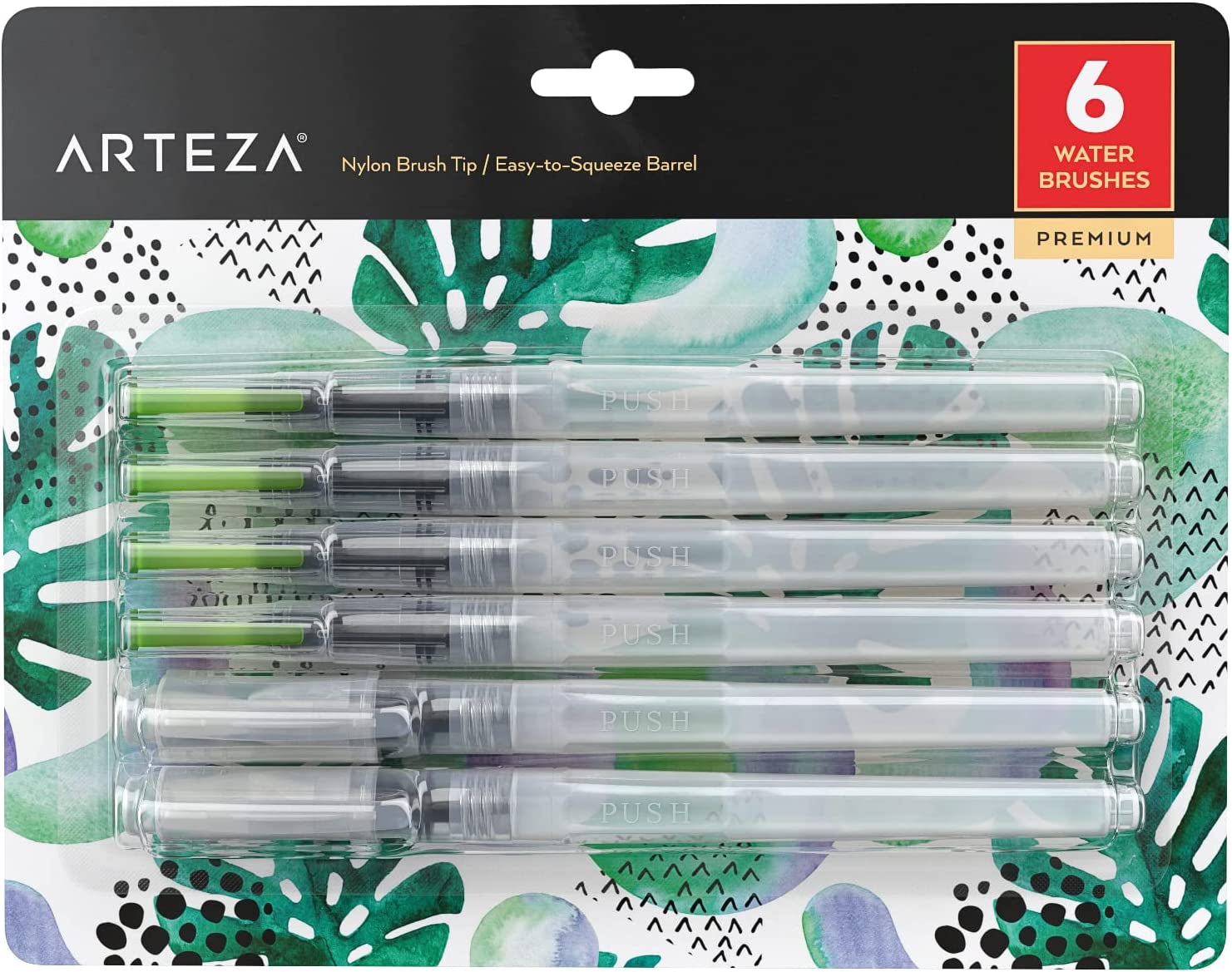 Water Brush Pen, Set of 6, Assorted Soft Nylon Bristle Tips, Self-Moistening Water Brush, Refillable Water Pen