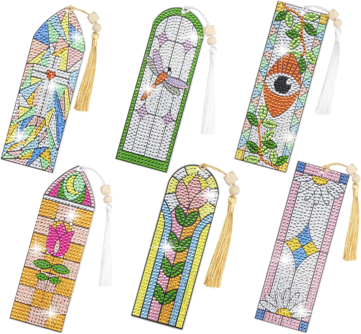 6 PCS 5D Diamond Painting Bookmarks Stained Glass Acrylic Diamond Art Bookmark with DIY Painting Kits Tassels &amp; Wood Beads Pendant Rhinestone Bookmarks