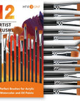 Artist Paint Brushes Set of 12 - Paint Brushes for Acrylic Painting, No Shedding Flat Fan Acrylic Paint Brushes, Face Watercolor Nail Oil Paint Brushes with Aluminum Ferrule & Wooden Handle