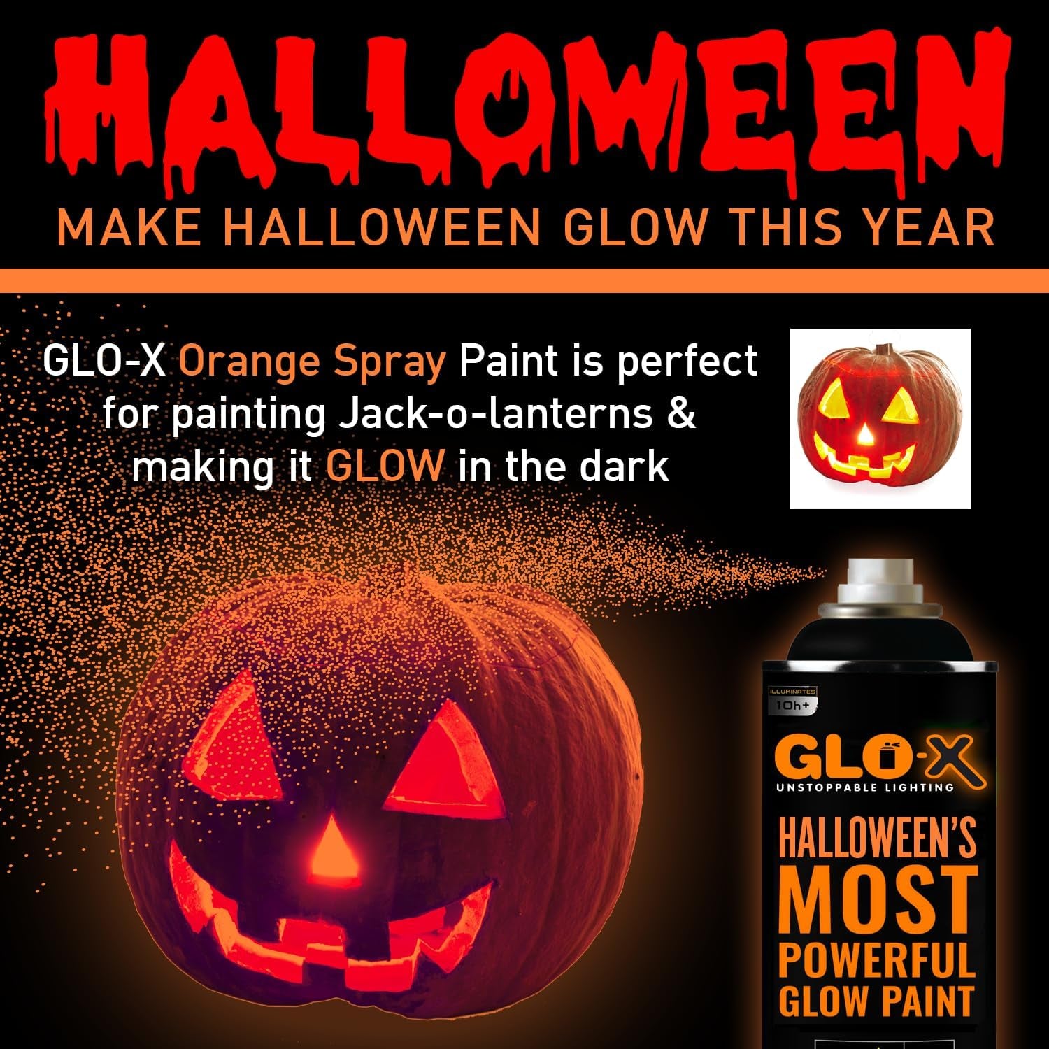 Orange Halloween Glow in the Dark Spray Paint - Make Indoor and Outdoor Halloween Decorations Glow Neon Fluorescent in the Dark - Metal Plastic Fabric