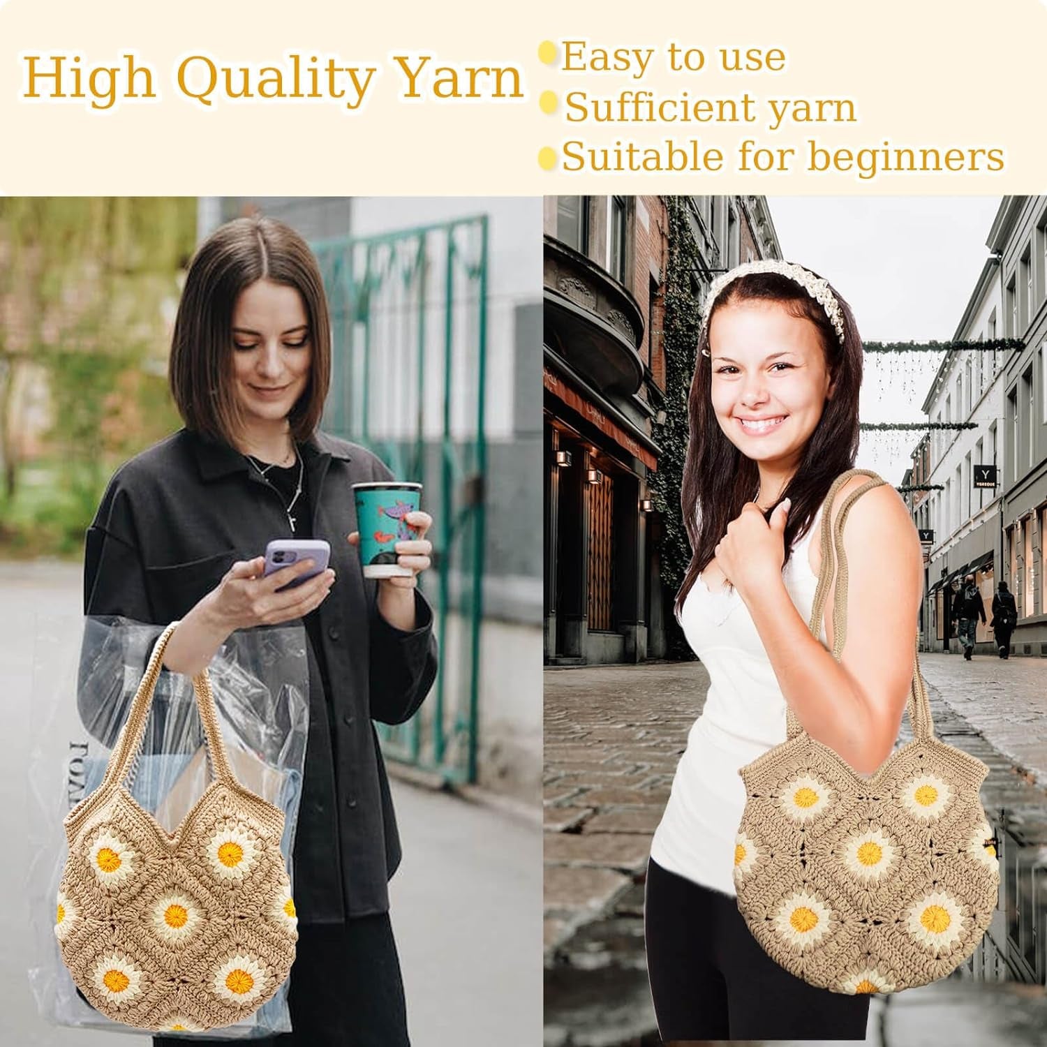 Crochet Kit for Beginners Daisy Tote Bag DIY Knitting Kits of Daisy Tote Bag with Step-By-Step Video Tutorials Crochet Kit Beginners for Adults and Kids