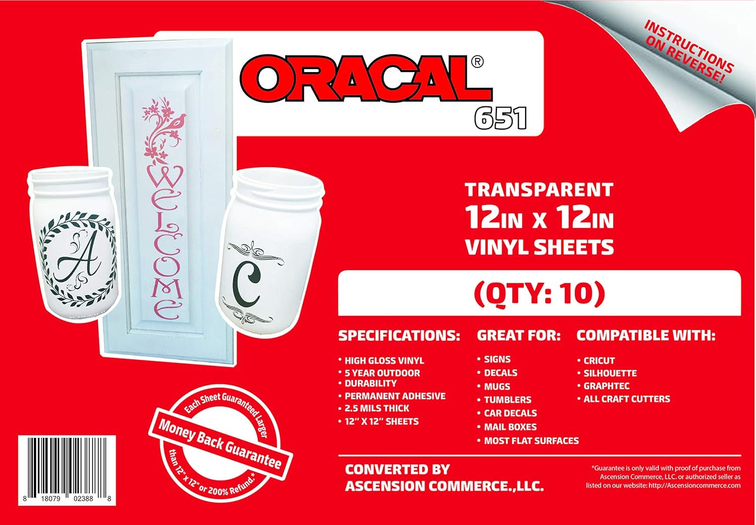 (10 Sheets)  651 Transparent Adhesive Craft Vinyl for Cricut, Silhouette, Cameo, Craft Cutters, Printers, and Decals - 12" X 12" - Gloss Finish - Outdoor and Permanent