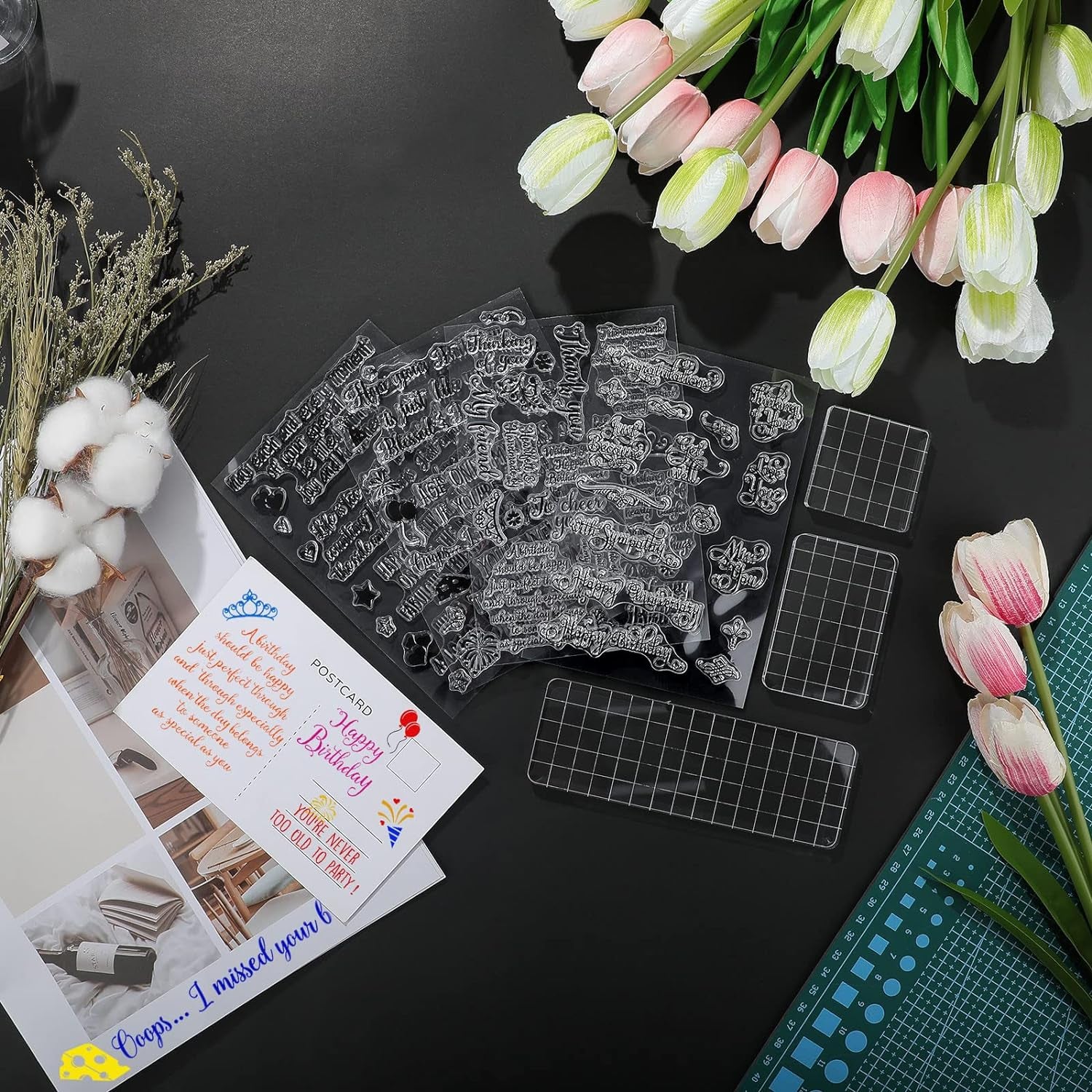 4 Sheets Sentiments Rubber Clear Stamps Set Clear Stamps for Card Making and 3 Pcs Acrylic Stamp Block Tools with Grid Lines Happy Rubber Birthday Stamps Craft Supplies for Diy Scrapbooking Journaling