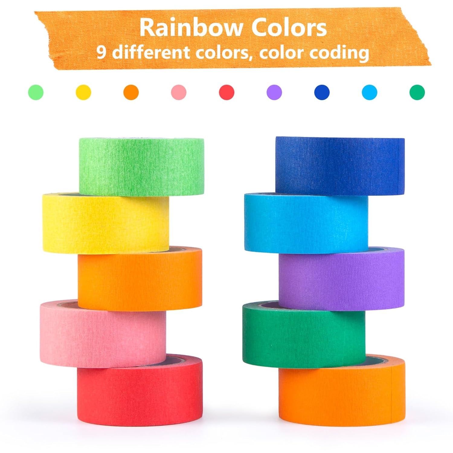 10 Rolls Colored Washi Tapes 20Mm Wide,330 Feet Total of Colorful Washi Tape Pack, Rainbow Color Masking Tapes for Kids Journals, Party Decorations, DIY Craft