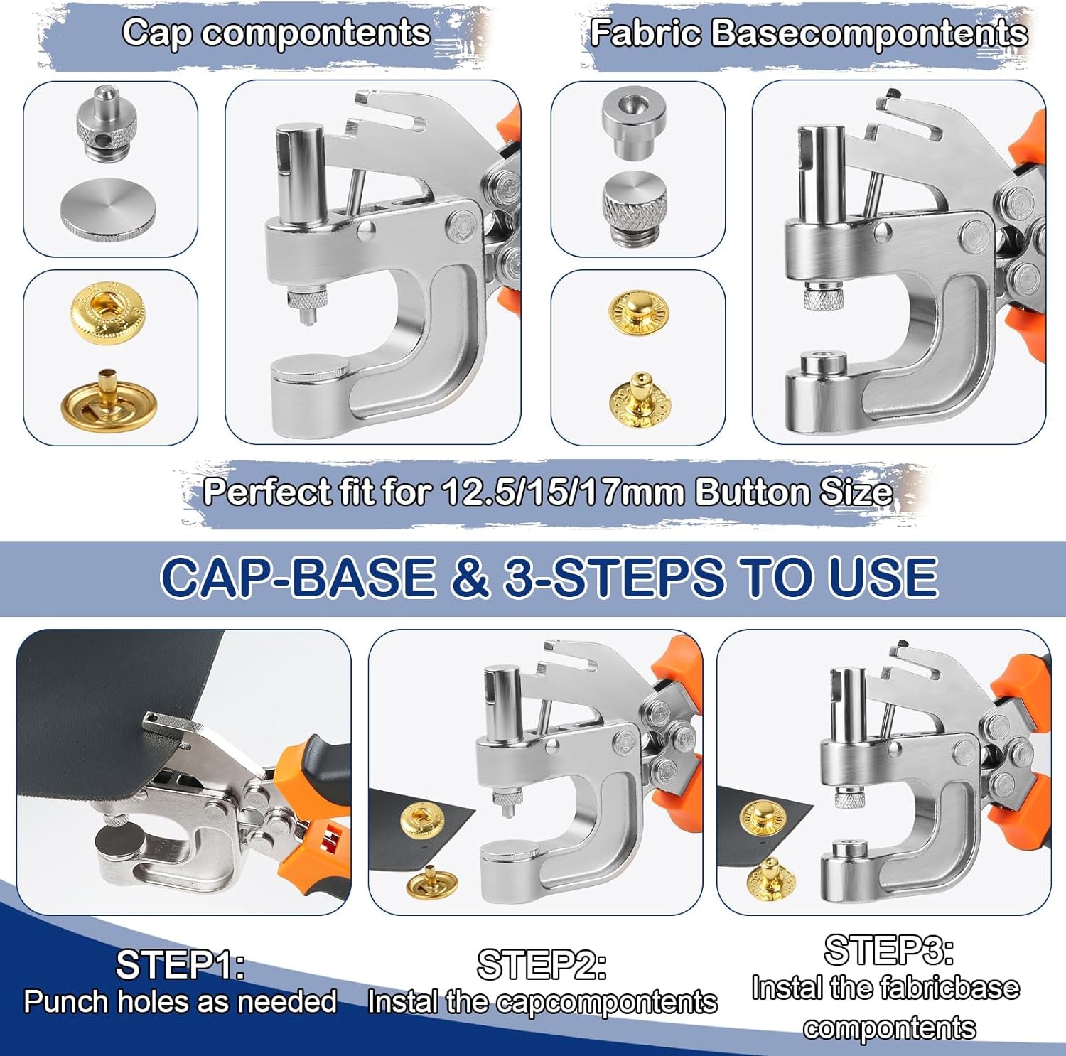 Leather Snap Fasteners Kit, , Leather Snap Buttons Press Pliers with 90 Sets Leather Snaps Buttons, 3Colors 12.5/15/17Mm Snaps for Leather, Clothes, Jackets, DIY Projects