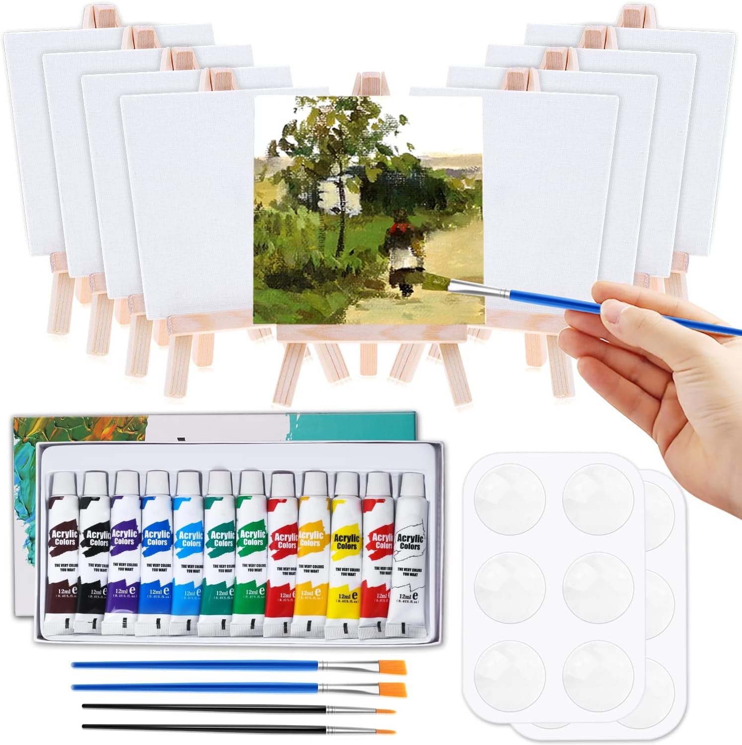 Mini Canvas and Easel,  47 Pieces Mini Canvas Painting Set Includes 4X4 Inches Primed Canvas, Mini Easel, Acrylic Paint, Paintbrushes and Palette for Kids Artists Art Party