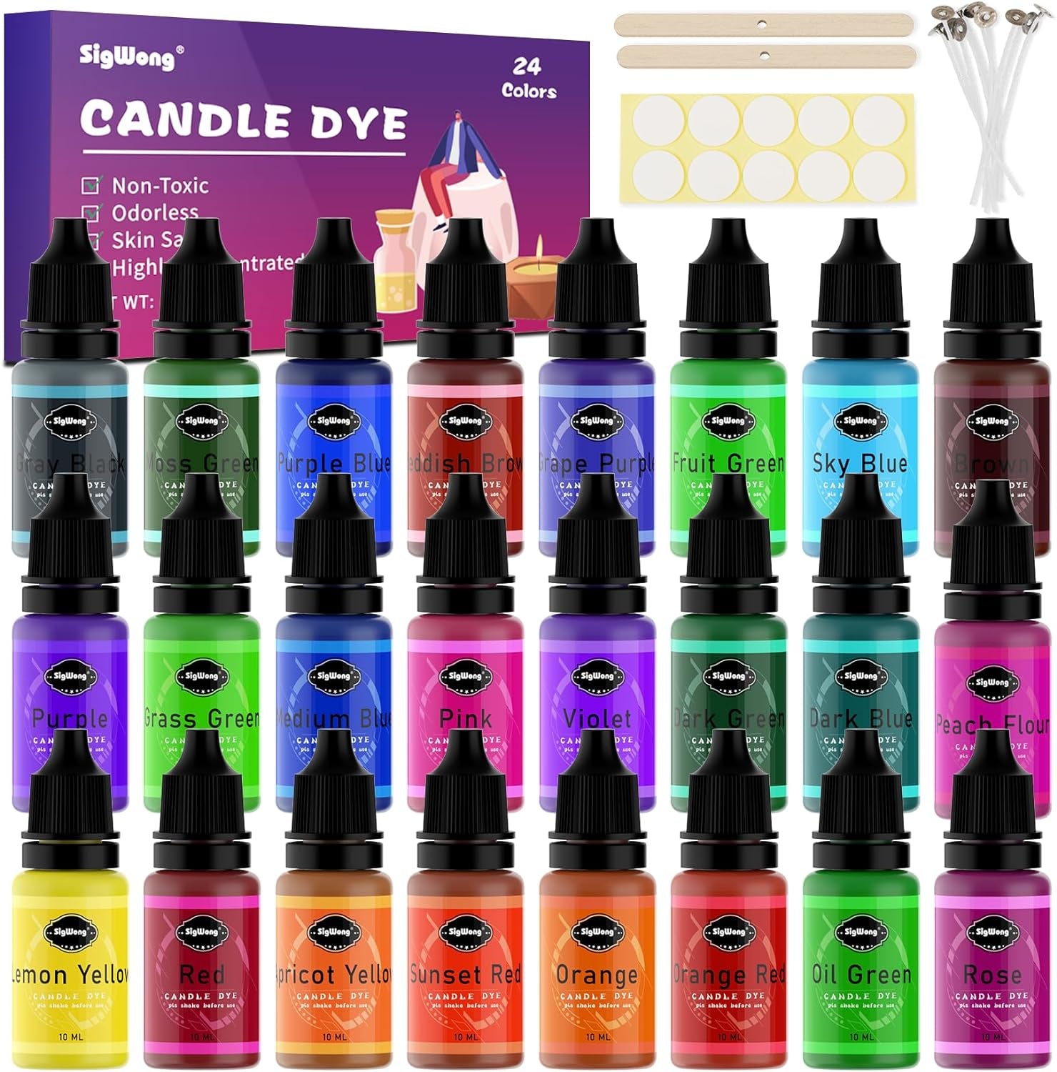 Candle Dye - 24 Colors Liquid Candle Making Dye for DIY Candle Making Supplies Kit, Food Grade Ingredients Oil-Based Candle Coloring for Soy Wax Dyes, Beeswax, Gel Wax, Paraffin Wax - Each 0.35Oz/10Ml