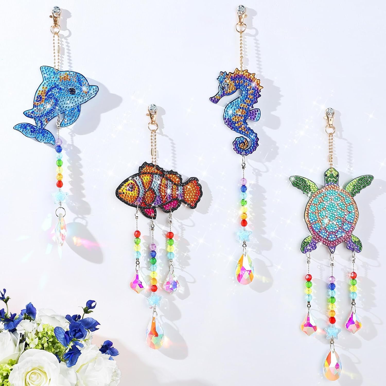 Diamond Art Suncatchers Kit for Kids Gifts - 4 Pcs Double Sided Wind Chime, Crystal Rhinestone Dotz Painting, Sea Animal Style Hanging Ornament for Home Window Beginners Craft DIY Supplies