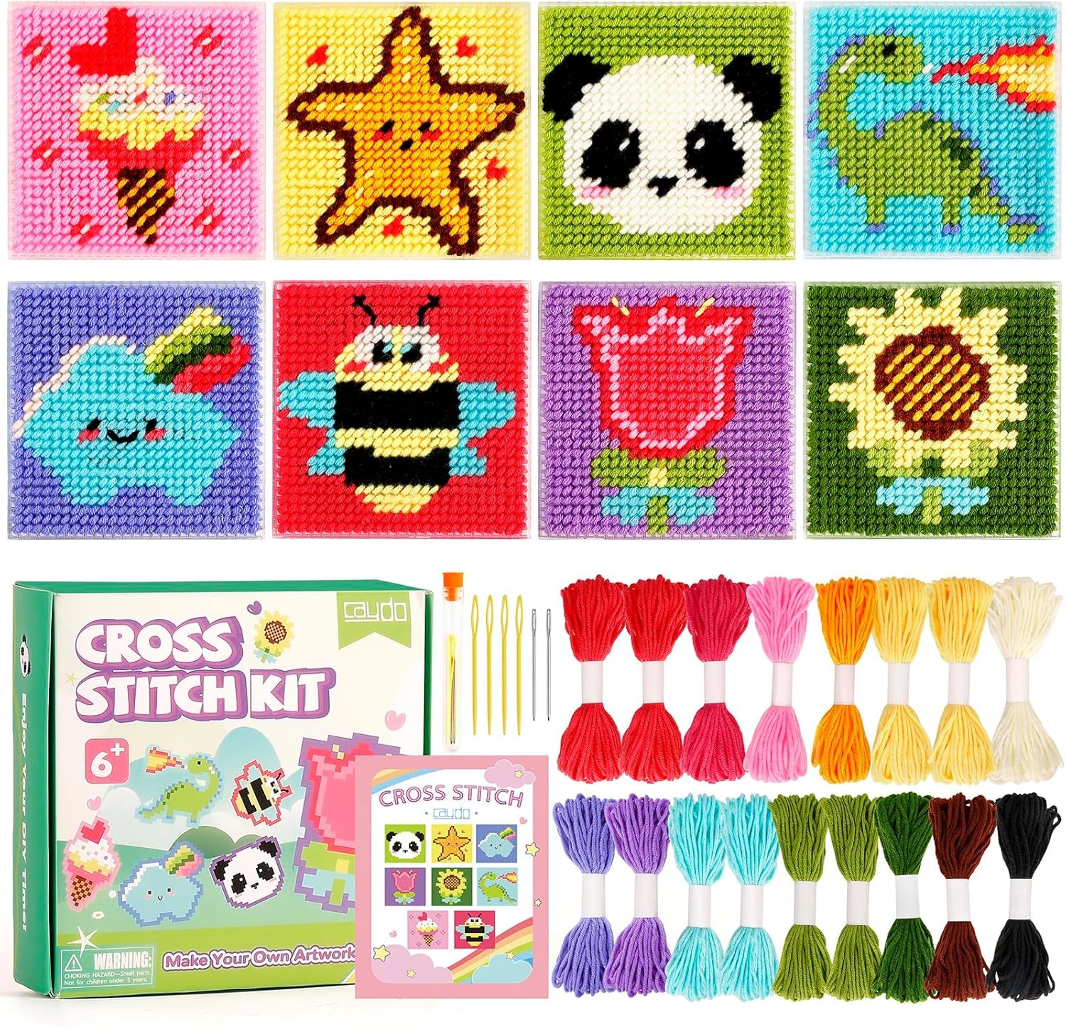 8-In-1 Cross Stitch Kit for Beginners Kids, Includes 8 PCS Plastic Canvas with Pre-Patterns, 13 Colors Threads, Instructions, Embroidery Needles for Beginners Sewing